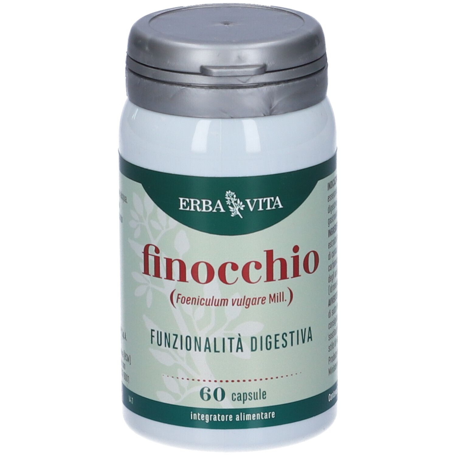 Flacone bianco con coperchio argentato. Scritta: Erba Vita, finocchio, 60 capsule, Funzionalità digestiva.