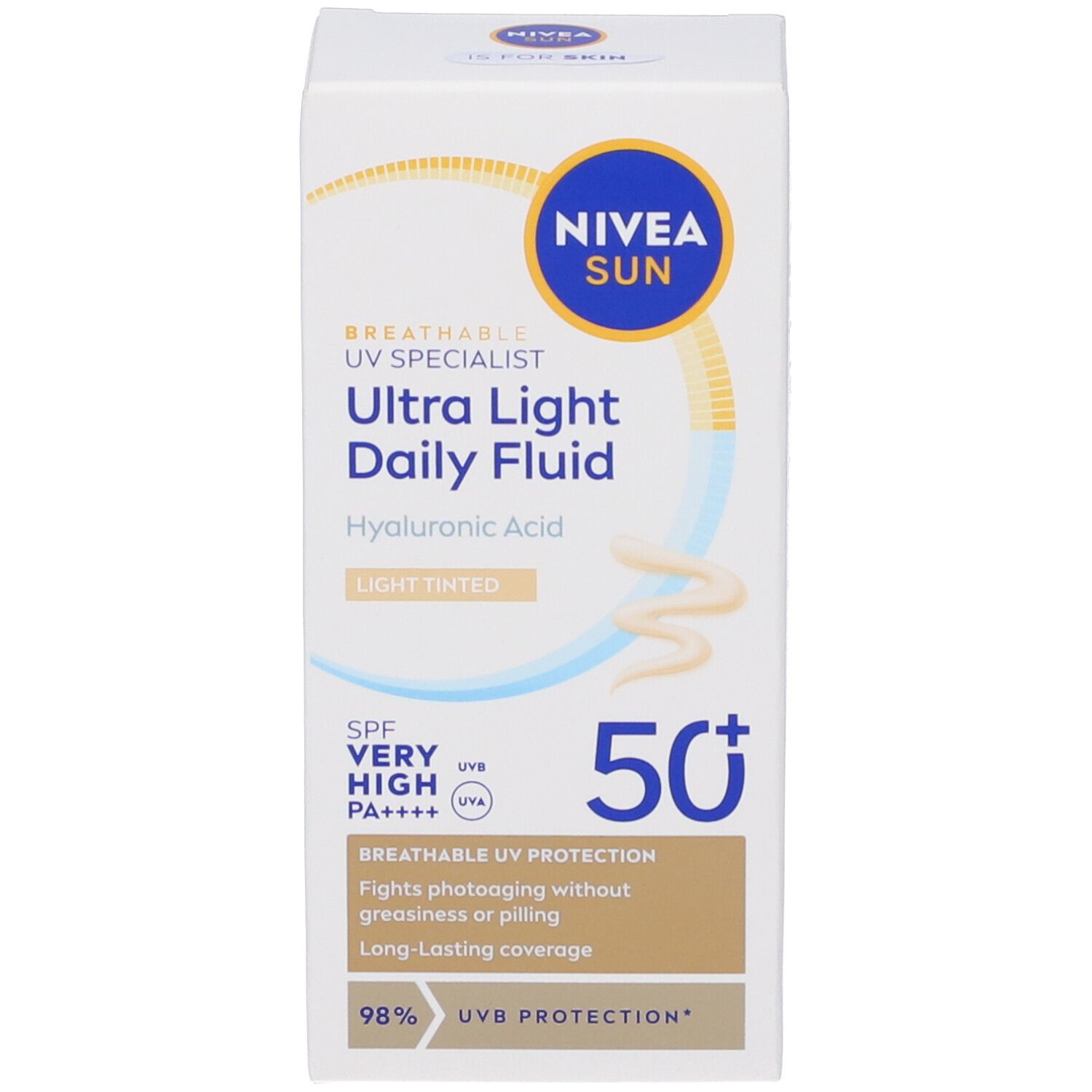 Confezione bianca con testo blu e giallo. Scritta: Nivea Sun, Ultra Light Daily Fluid SPF50+.