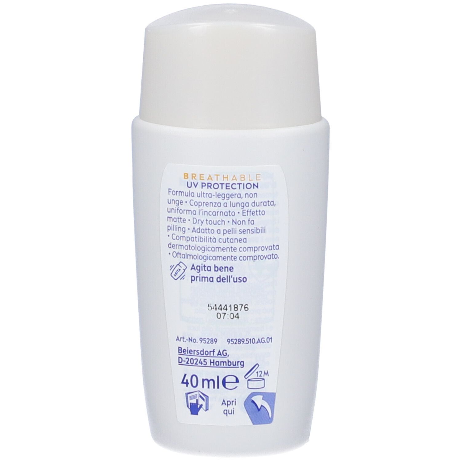 Retro del flacone bianco. Testo: BREATHABLE UV PROTECTION, 40 ml, Agita bene prima dell'uso.