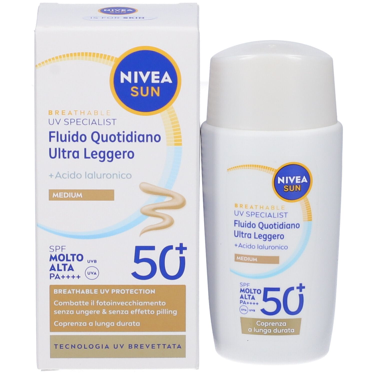 Prodotto e confezione. Scatola e flacone bianchi. Scritta NIVEA SUN, BREATHABLE UV SPECIALIST, SPF 50+.