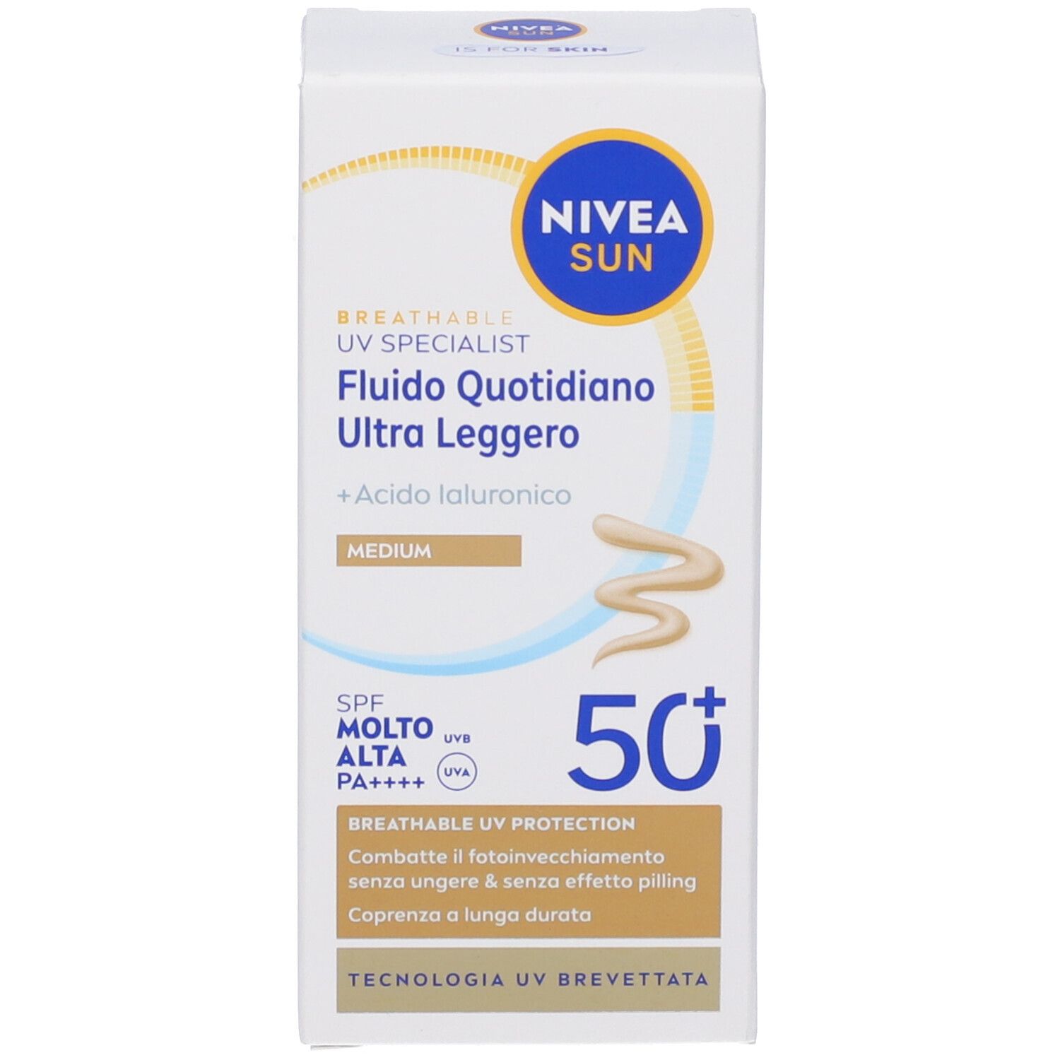 Scatola bianca. Scritta NIVEA SUN, BREATHABLE UV SPECIALIST, Fluido Quotidiano Ultra Leggero, SPF 50+.