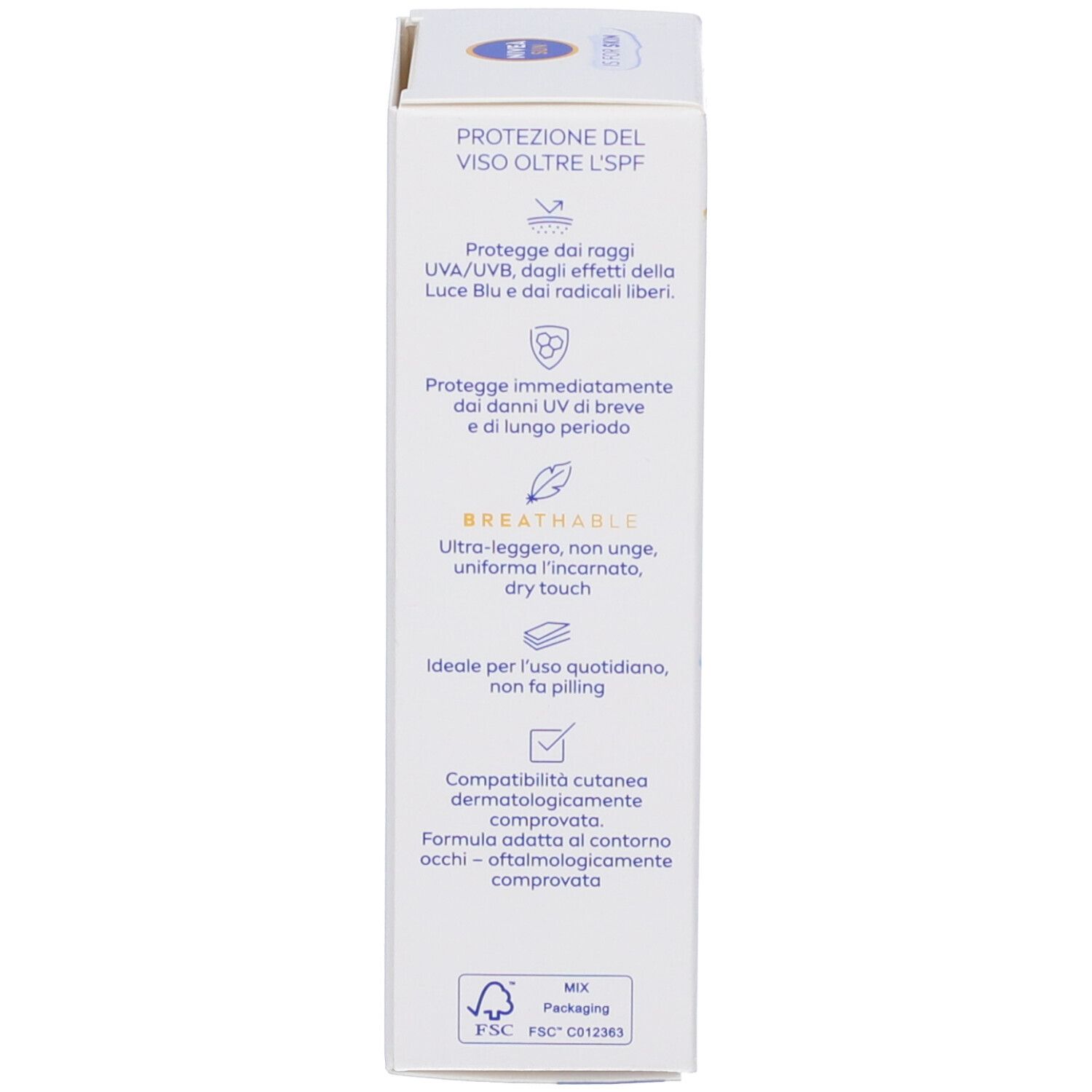 Scatola bianca, lato. Testo: PROTEZIONE DEL VISO OLTRE L'SPF, protezione UVA/UVB, luce e radicali.