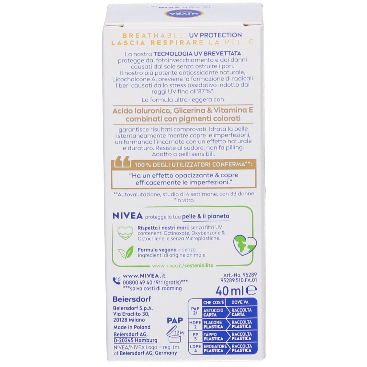 Scatola bianca, retro. Testo: BREATHABLE UV PROTECTION, 40 ml, formula vegana, imballaggio riciclabile.