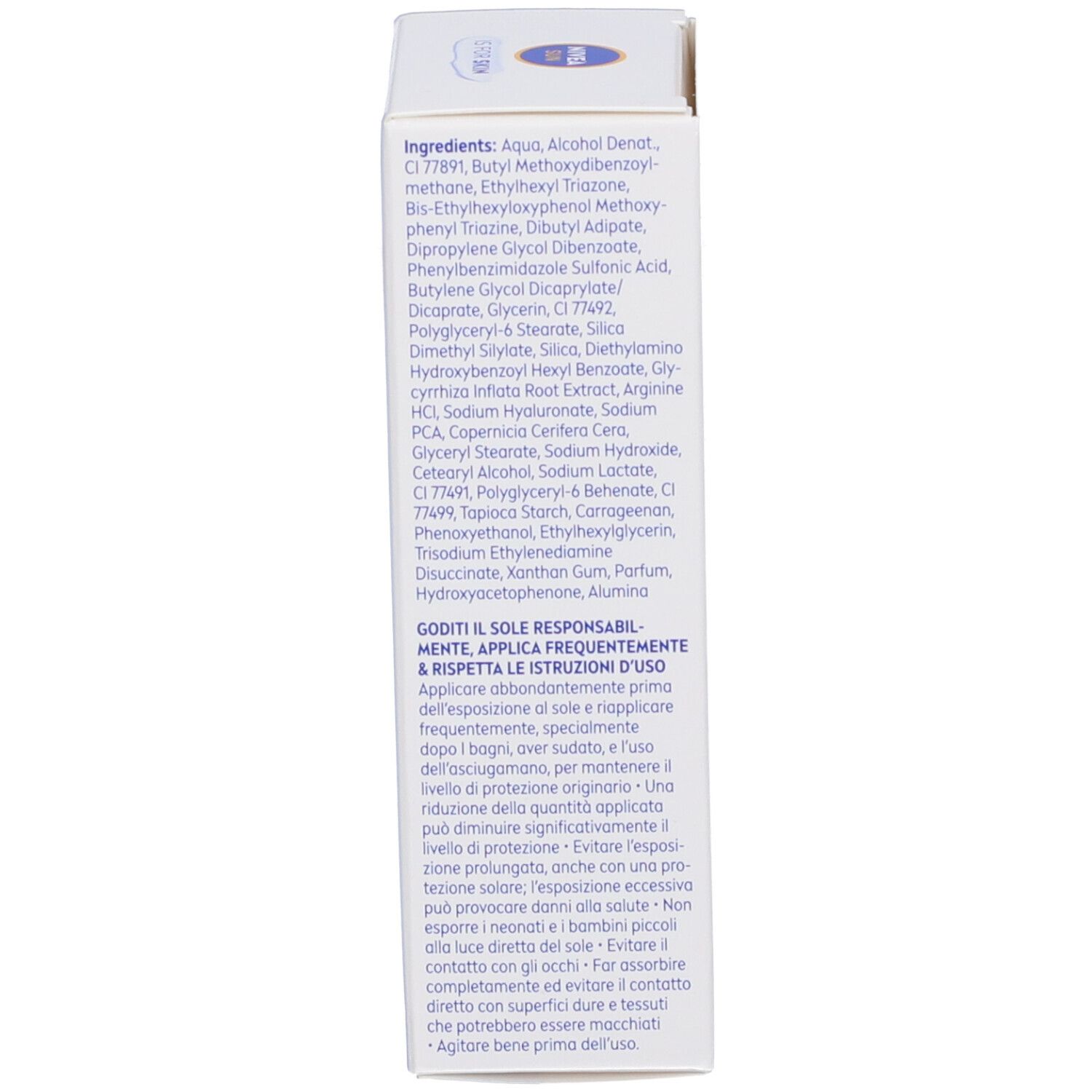 Scatola bianca, lato. Testo: Ingredienti, istruzioni per l'uso, protezione solare.