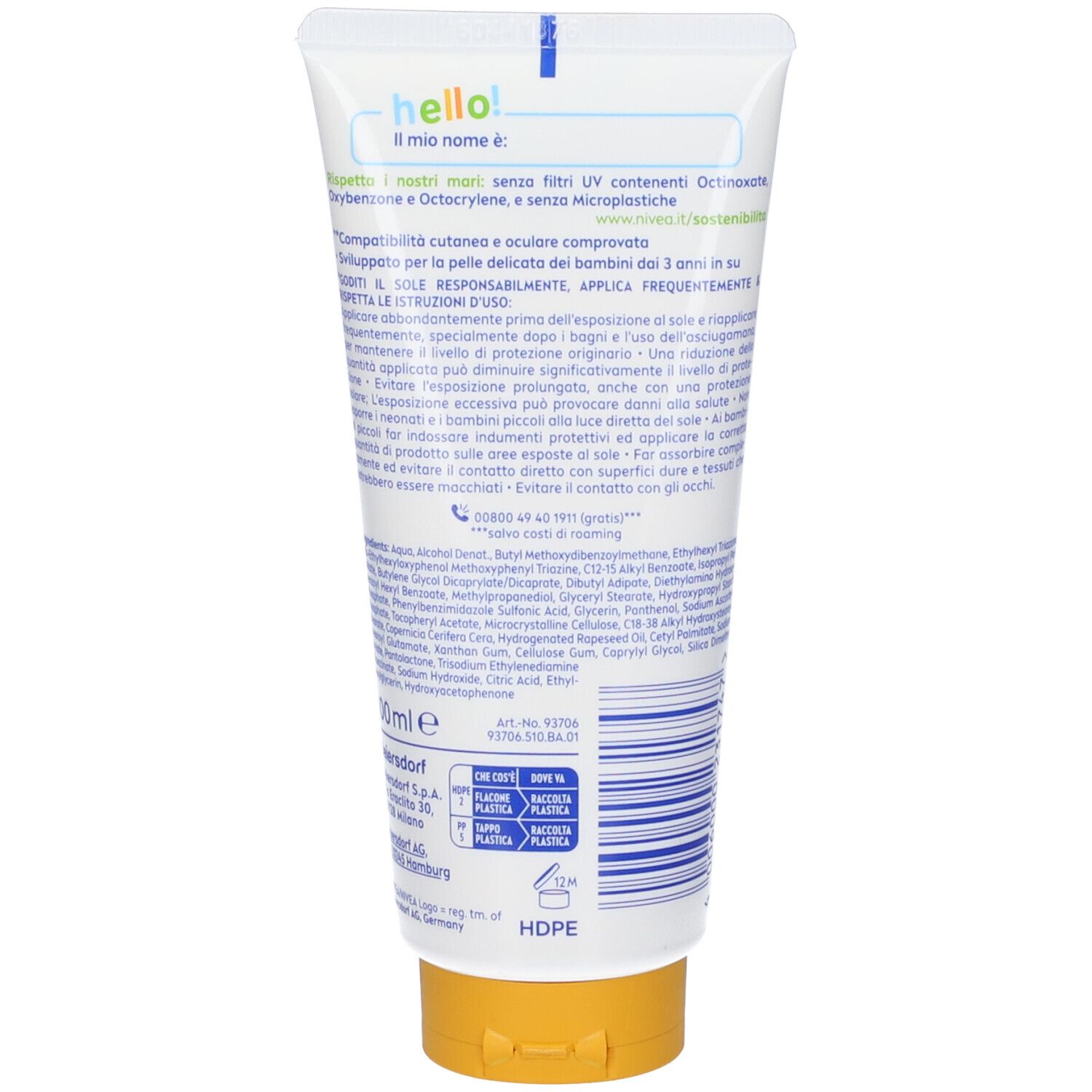 Retro del tubo Nivea Sun Kids. Tappo giallo. Testo multilingue.