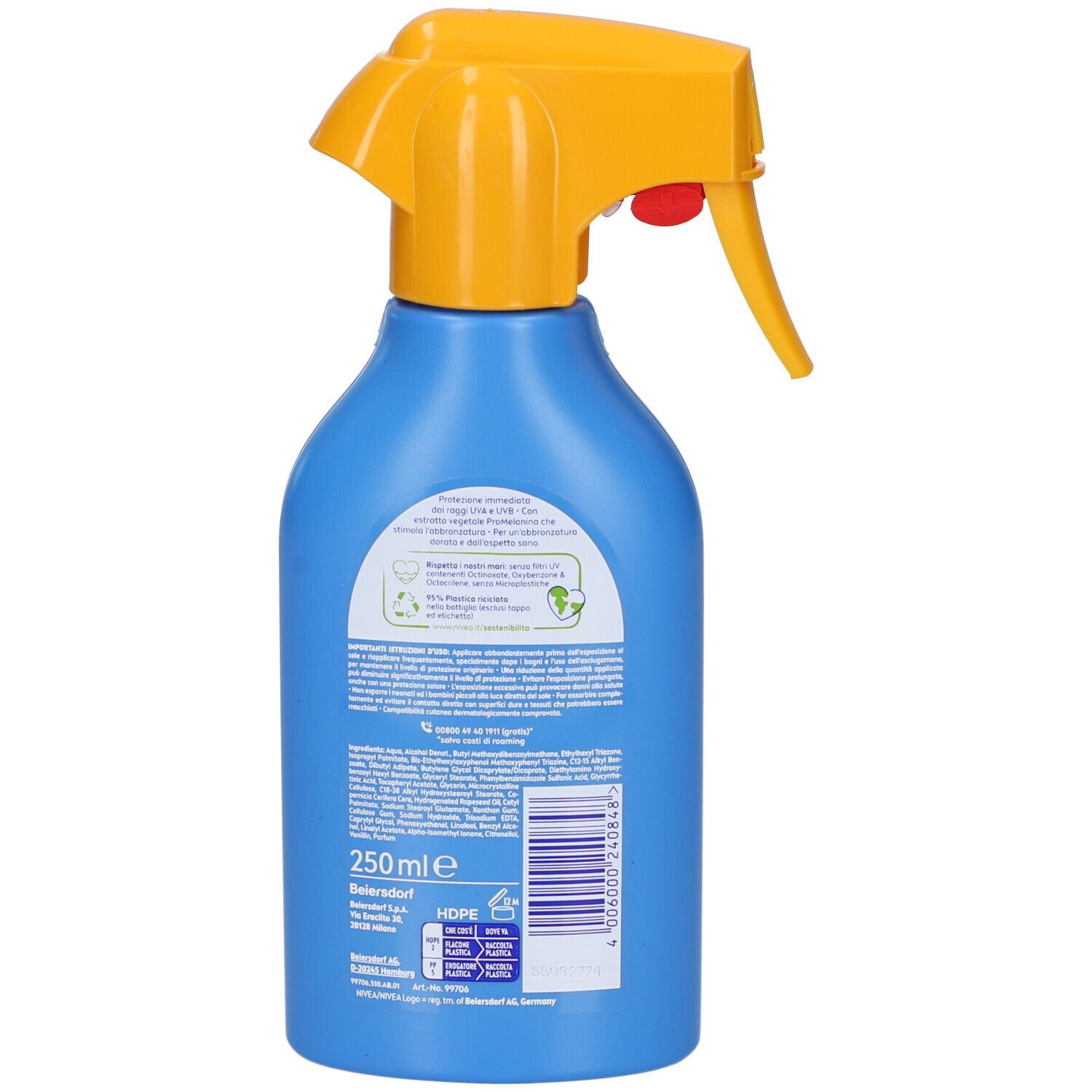 Retro del flacone spray blu. Erogatore giallo. Testo e loghi. 250 ml. Simbolo di riciclaggio.