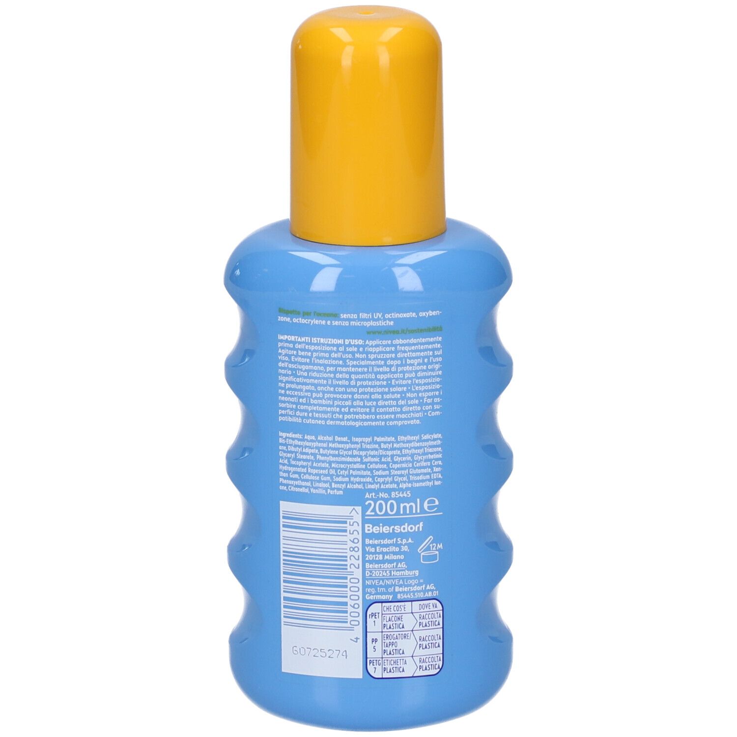 Retro del flacone blu con tappo giallo. Testo e codice a barre. Scritta: 200 ml.