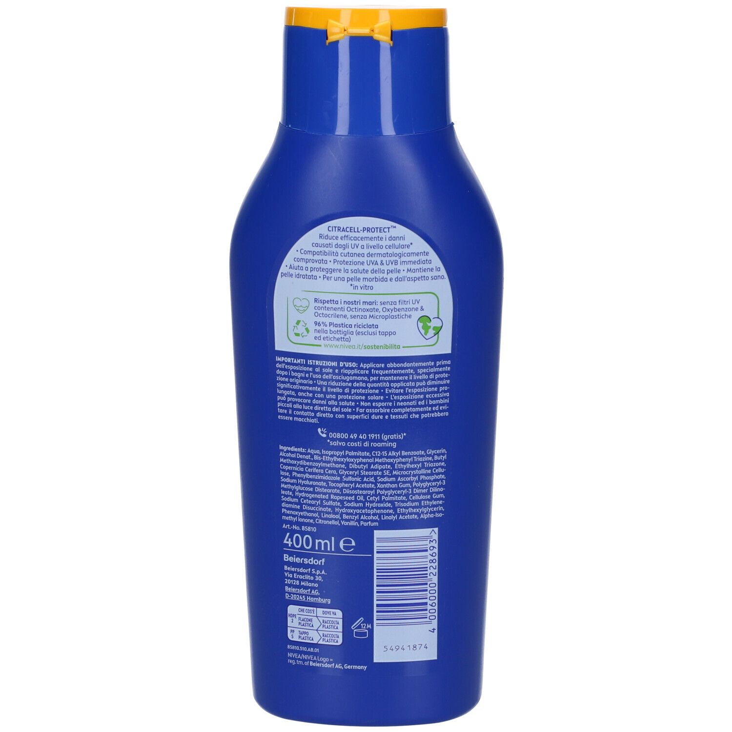 Retro del flacone blu Nivea Sun Protect & Hydrate. Testo e codice a barre. 400ml. Simbolo di riciclo.