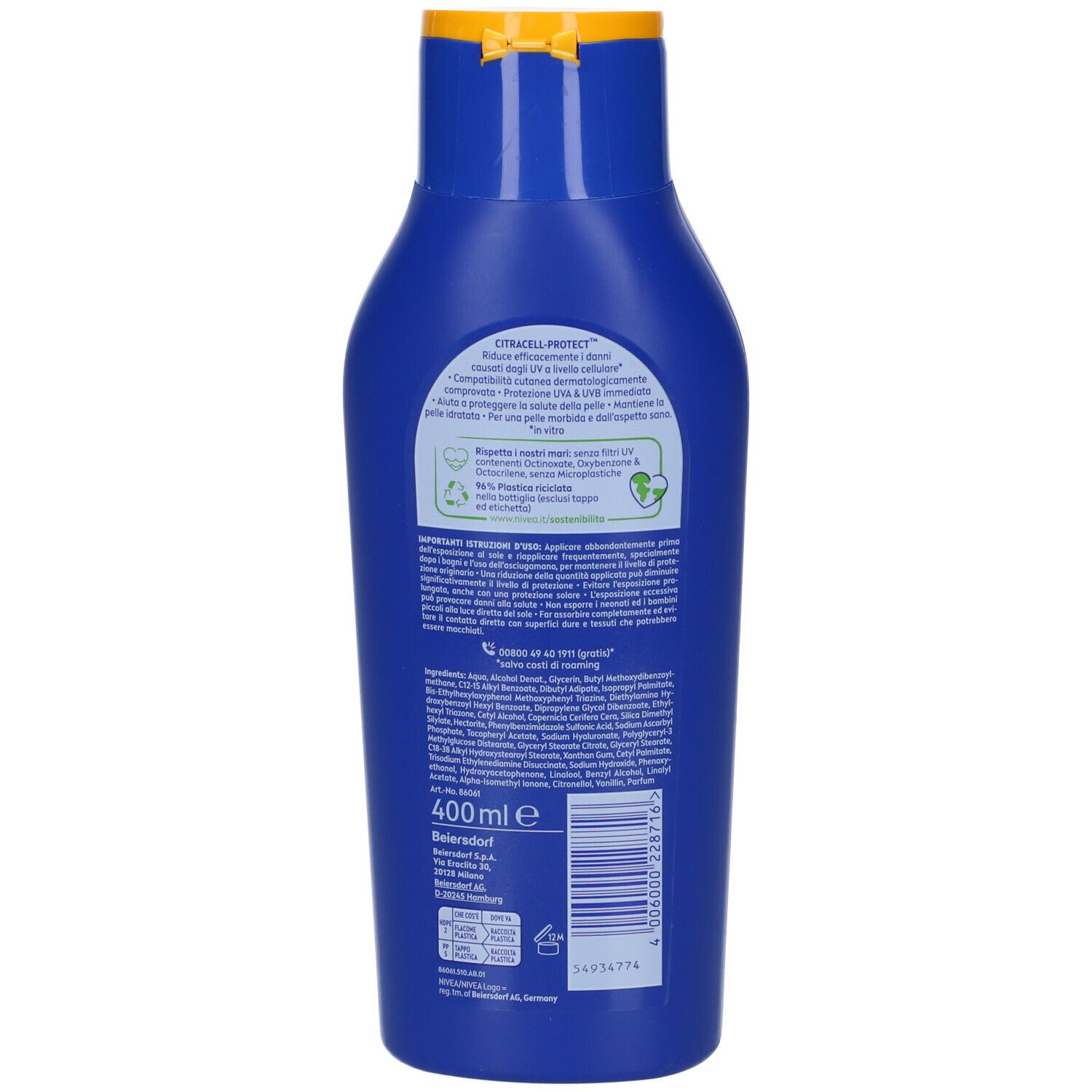 Retro del flacone blu NIVEA SUN. Testo: Citracell-Protect, ingredienti, 400 ml, resistente all'acqua. Simbolo di riciclo.