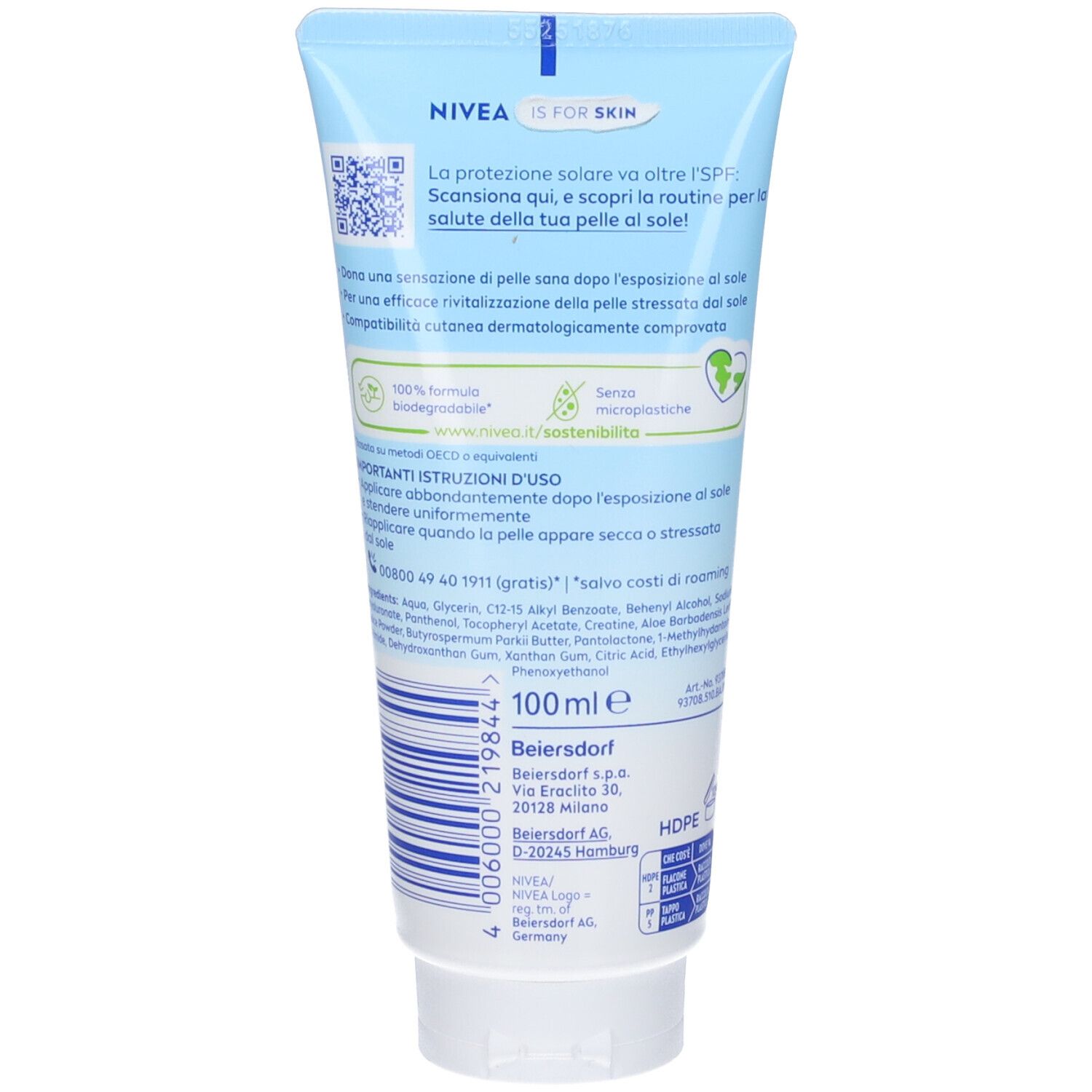 Retro del tubo azzurro Nivea Sun. Testo: 'La protezione solare va oltre FSP'. Con codice QR ed elenco ingredienti.