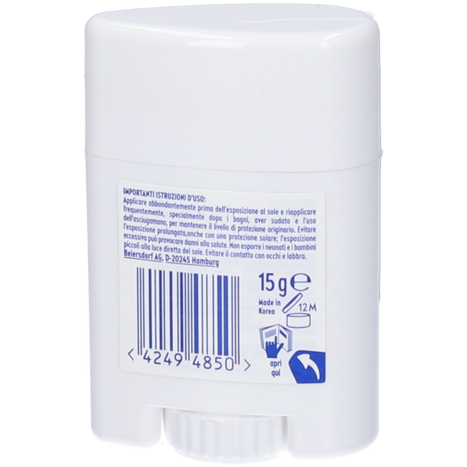 Retro dello stick UV bianco. Contiene testo e codice a barre. Testo: 15 g e, Made in Korea, 12M. Con istruzioni per l'uso.