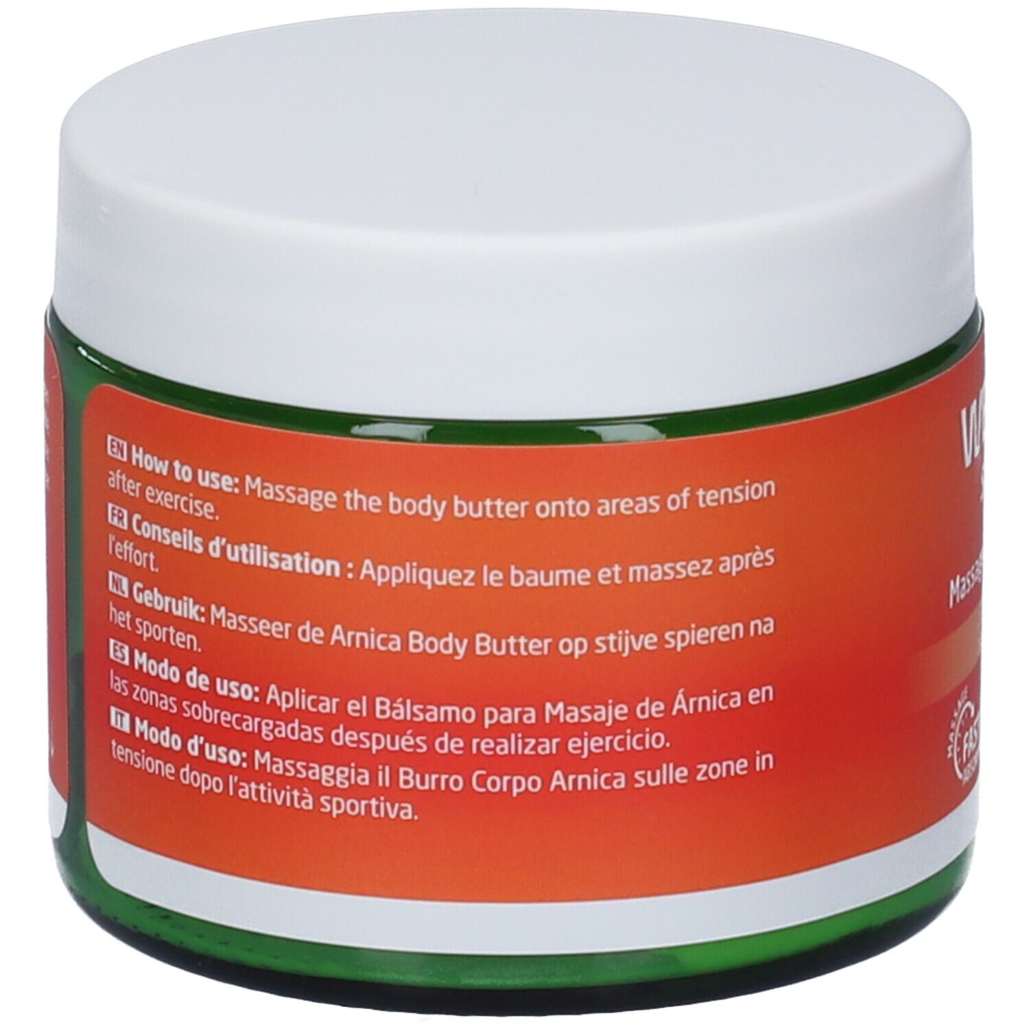Retro del burro corpo Weleda Sport Arnica. Testo multilingue. Bordo verde, coperchio bianco, etichetta arancione.