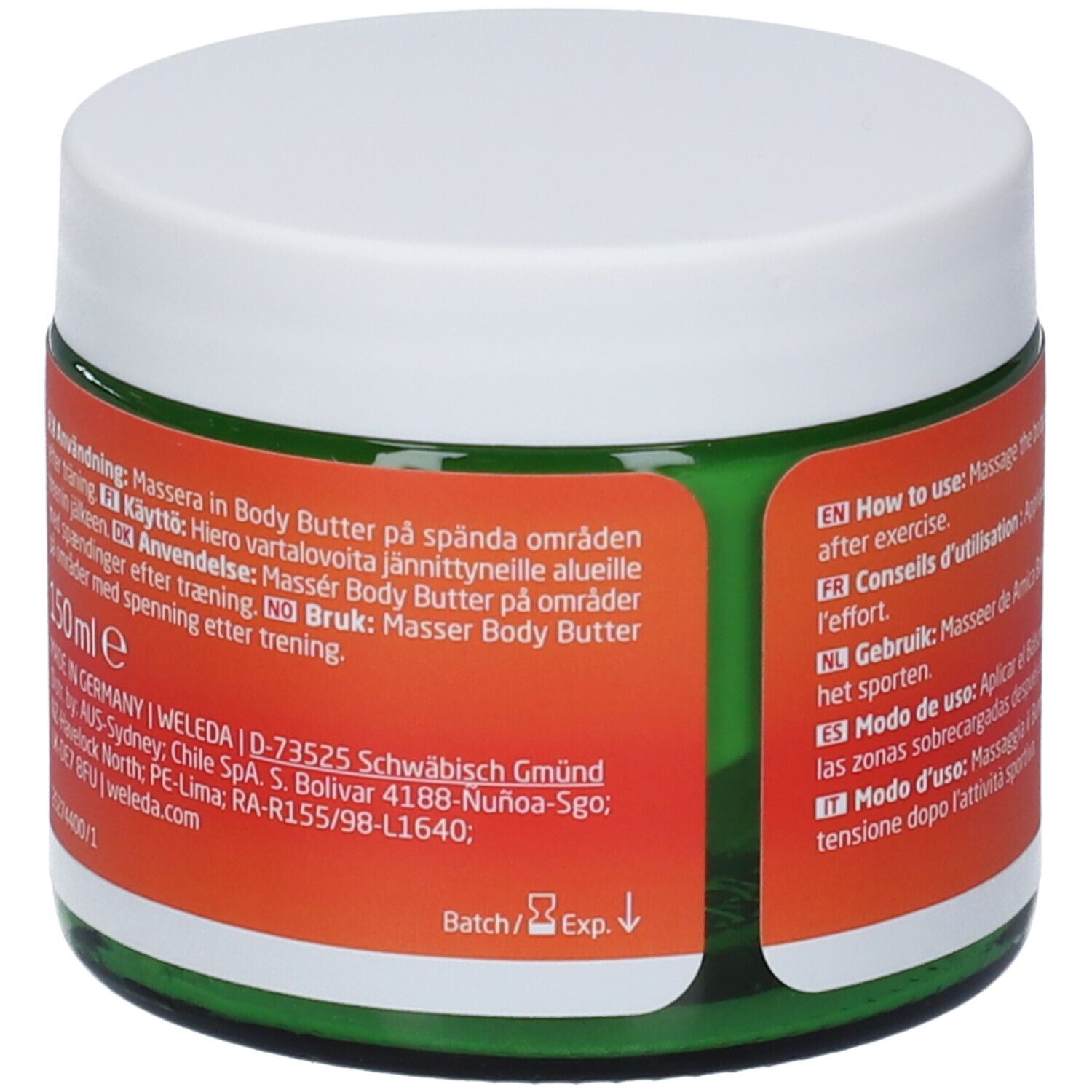 Retro del burro corpo Weleda Sport Arnica. Testo multilingue. Bordo verde, coperchio bianco, etichetta arancione.