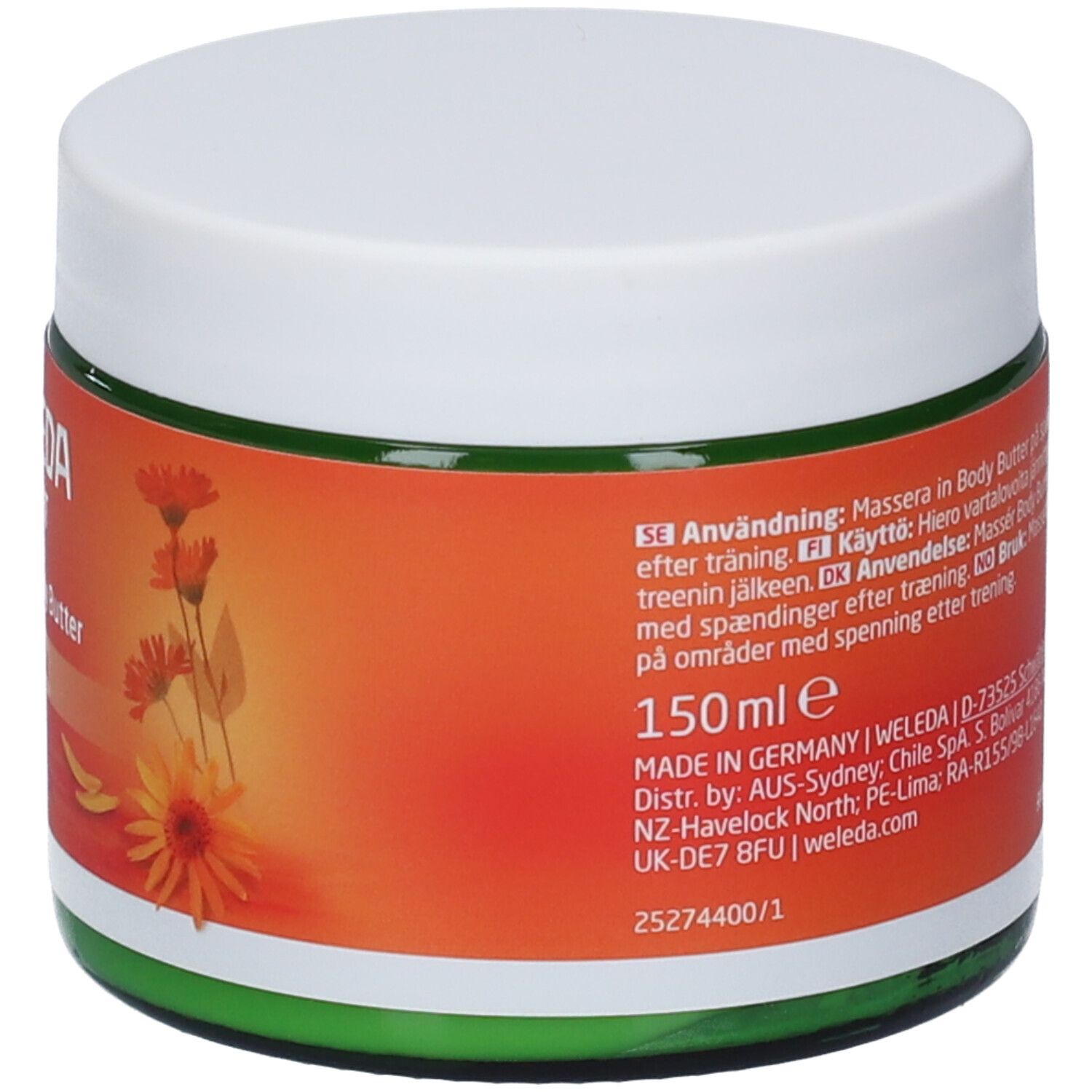 Burro corpo Weleda Sport Arnica. Etichetta arancione, coperchio bianco, bordo verde. Testo e fiori.