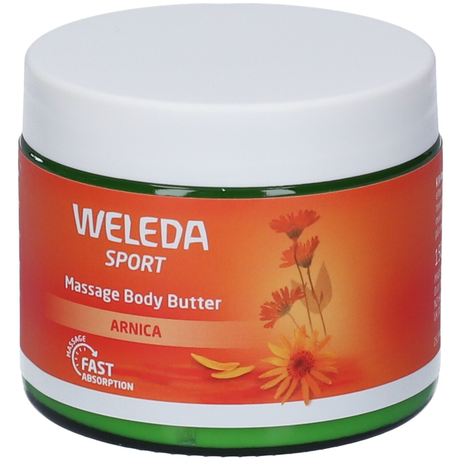 Burro corpo massaggio Weleda Sport Arnica. Etichetta arancione, coperchio bianco, bordo verde. Illustrazione floreale.