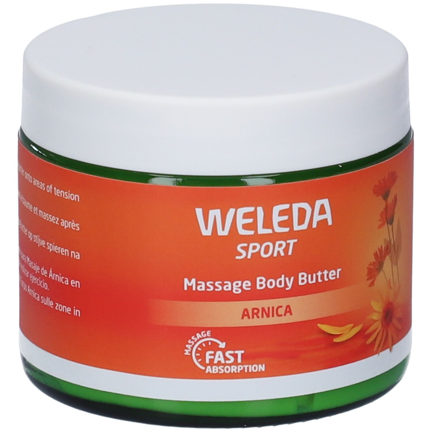 Burro corpo massaggio Weleda Sport Arnica. Etichetta arancione, coperchio bianco, bordo verde. Illustrazione floreale.