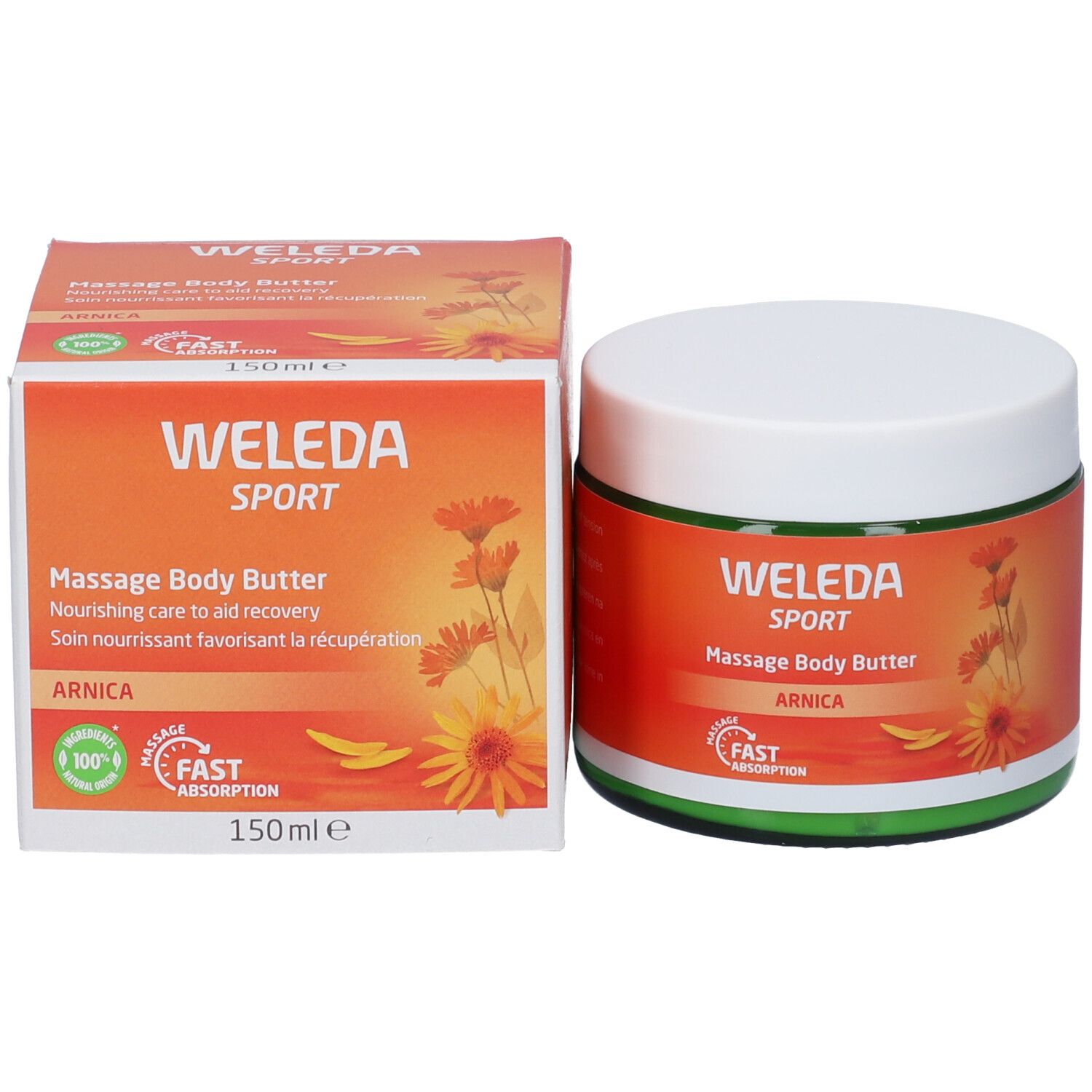 Weleda Sport Arnica Body Butter e confezione. Design arancione, coperchio bianco. Testo e fiori.