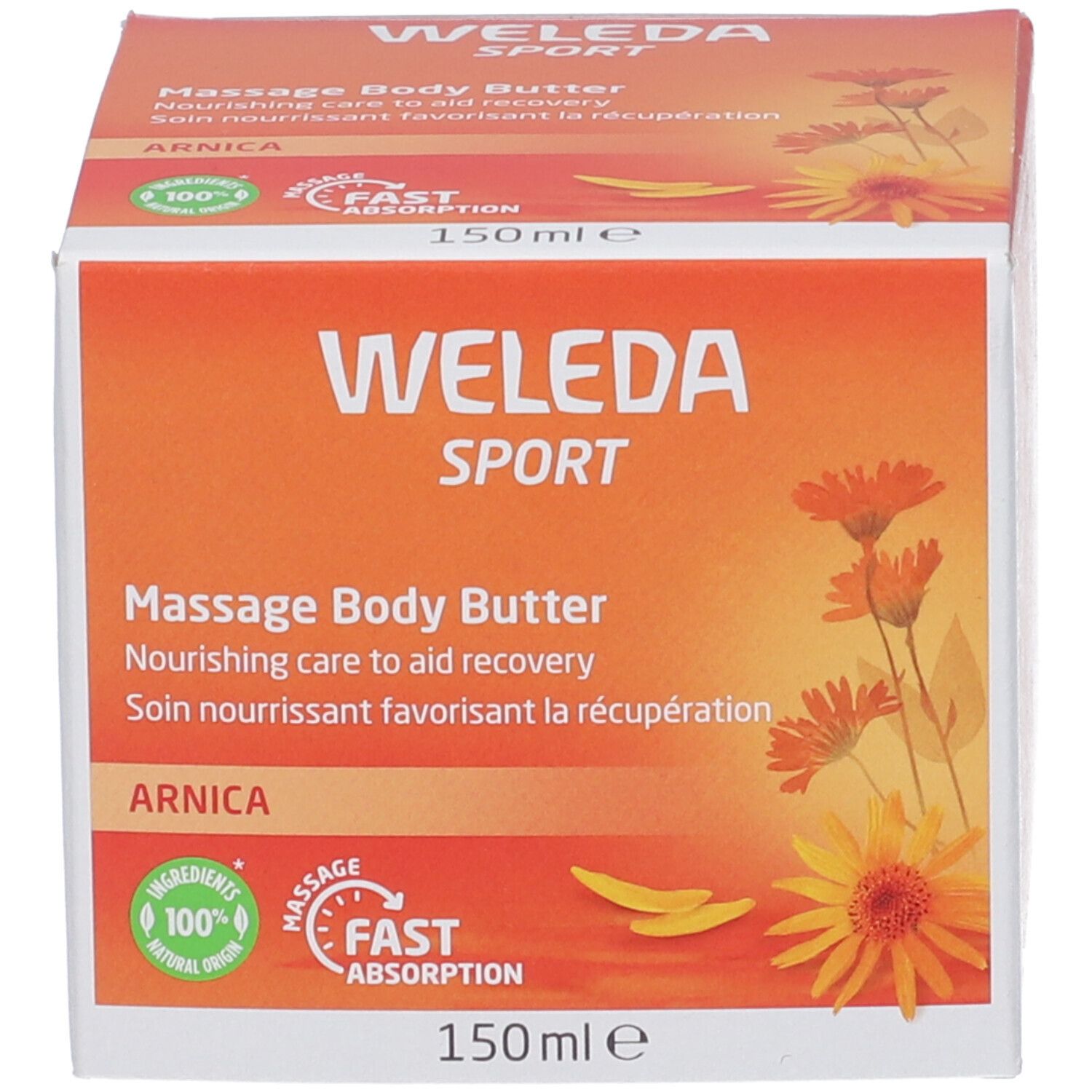 Confezione del burro corpo Weleda Sport Arnica. Design arancione, testo, illustrazione floreale, 150ml.