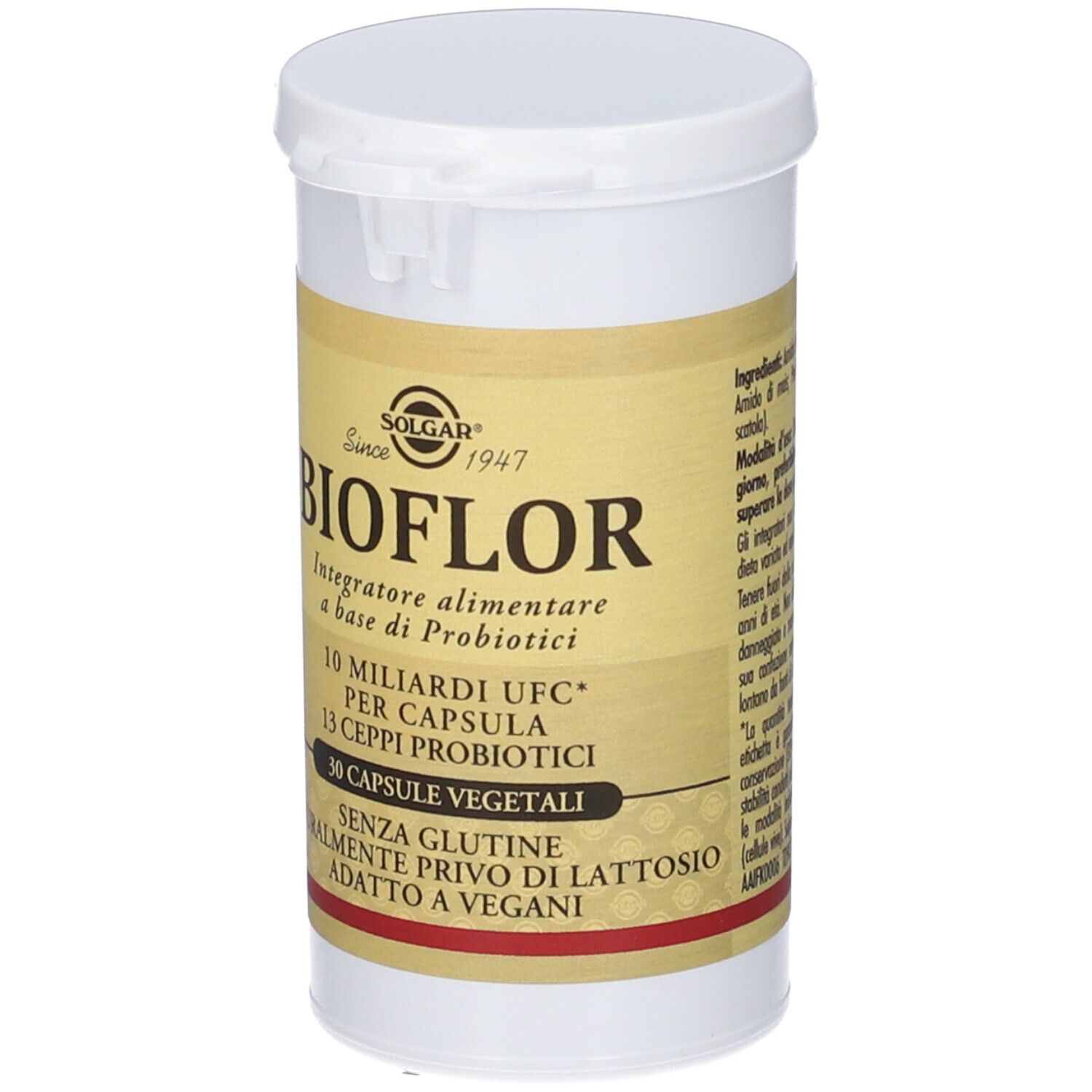 Contenitore bianco BIOFLOR. Contiene 30 capsule vegetali. Senza glutine, senza lattosio, adatto ai vegani.