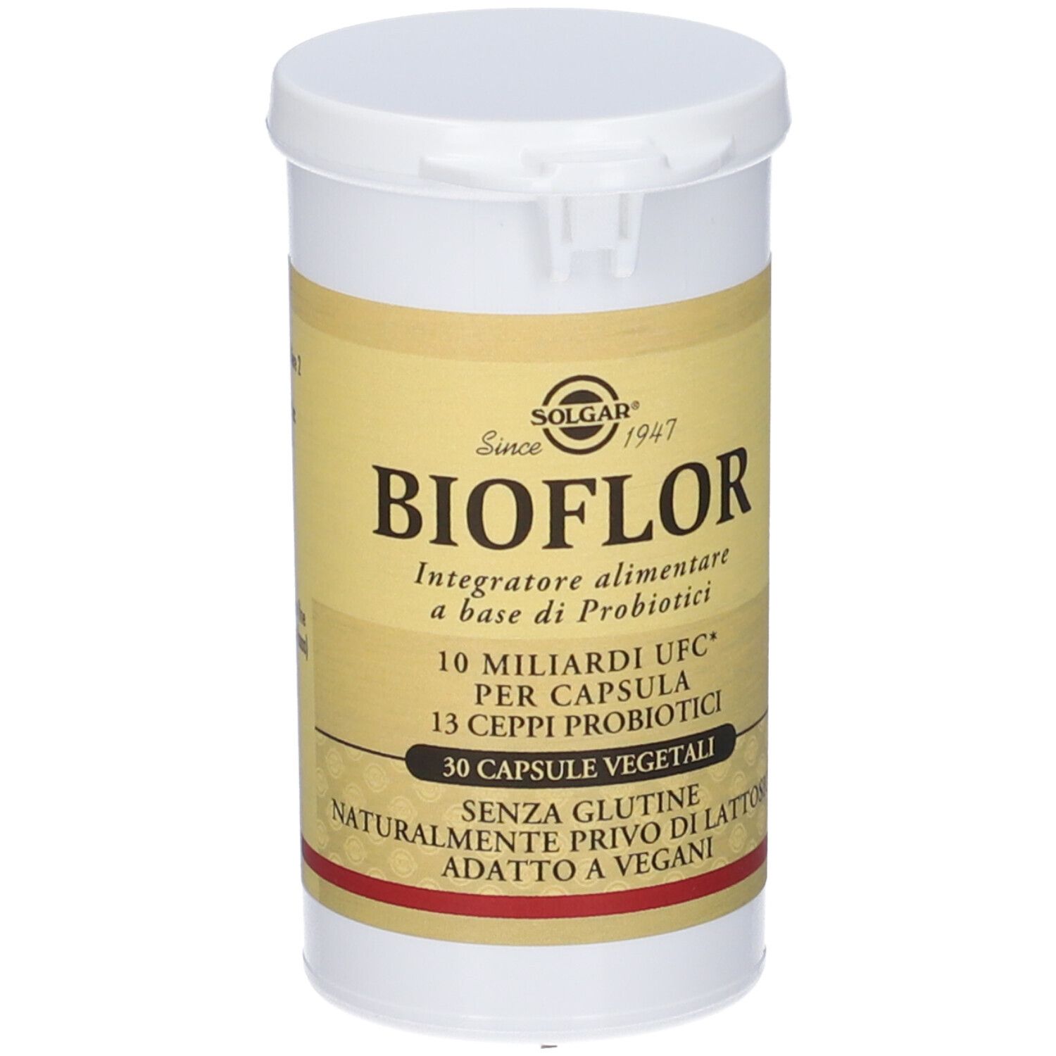 Contenitore bianco BIOFLOR. Contiene 30 capsule vegetali. Senza glutine, senza lattosio, adatto ai vegani.