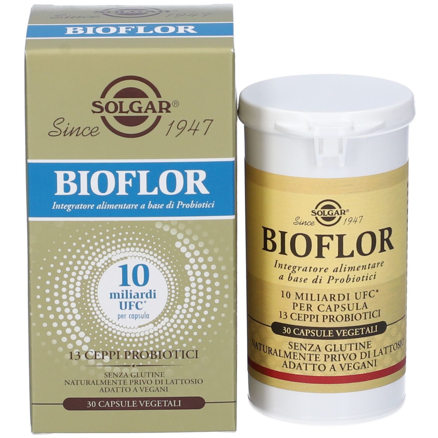 Confezione e contenitore BIOFLOR. Confezione da 30 capsule vegetali. Senza glutine, senza lattosio, adatto ai vegani.