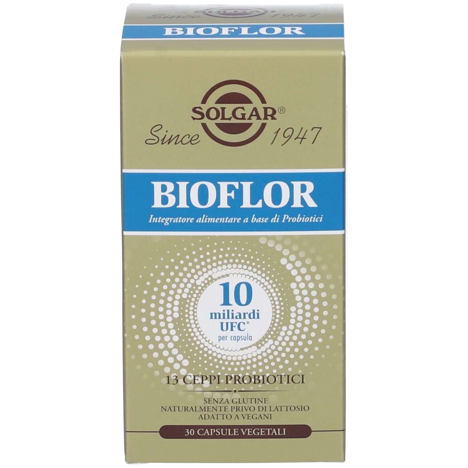 Confezione BIOFLOR. Contiene 30 capsule vegetali. Senza glutine, senza lattosio, adatto ai vegani.