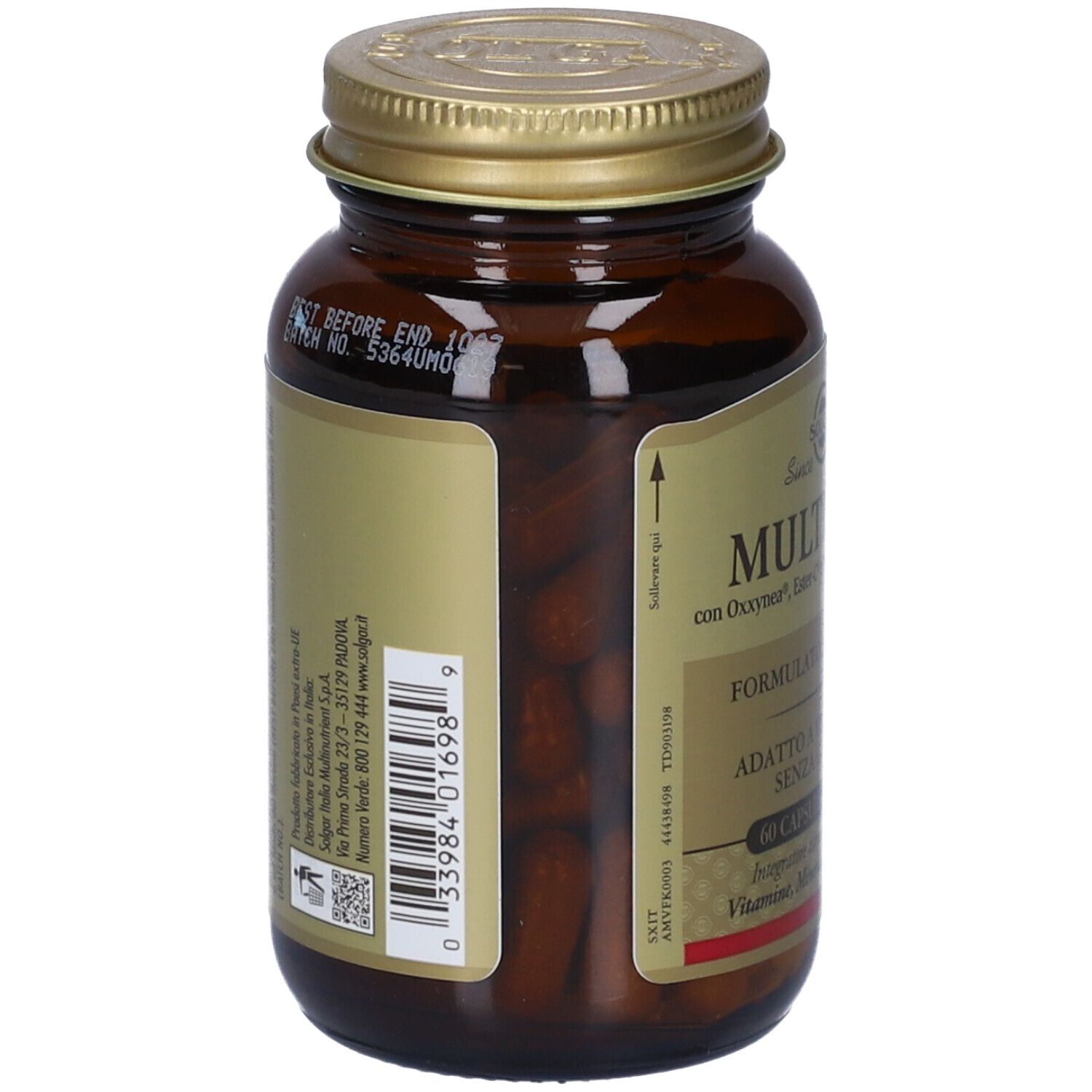Retro di un flacone in vetro ambrato con capsule Solgar Multiman, etichetta con codice a barre.