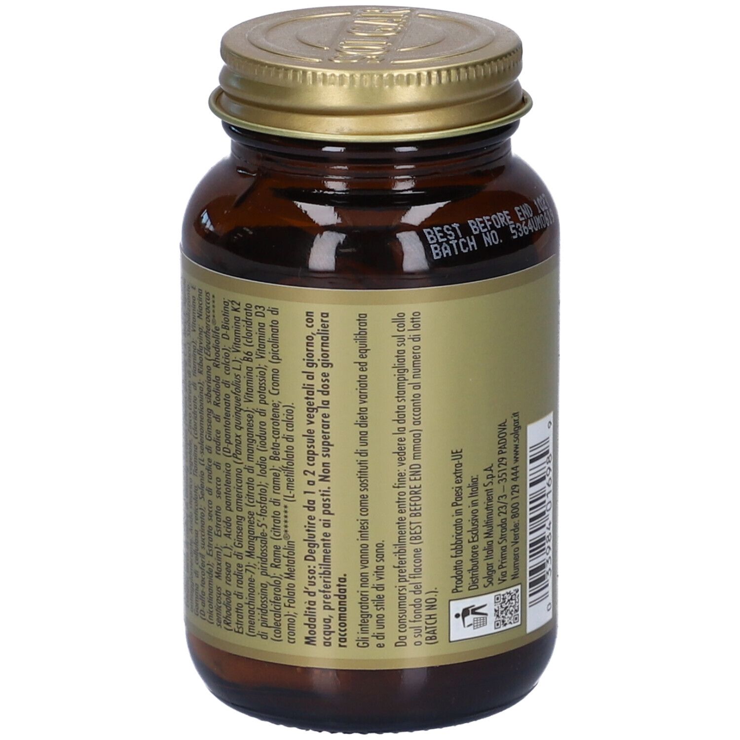 Vista laterale di un flacone in vetro ambrato con capsule Solgar Multiman, etichetta con ingredienti.