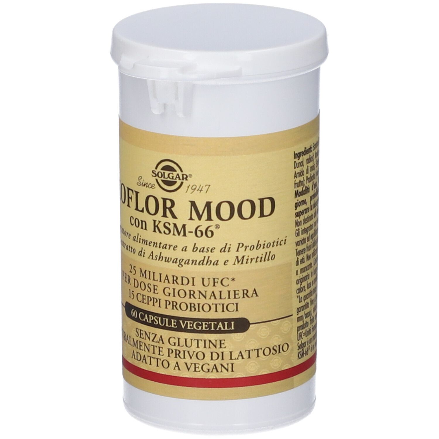 Capsule Solgar Bioflor Mood: Contenitore bianco con etichetta gialla riportante informazioni sul prodotto.