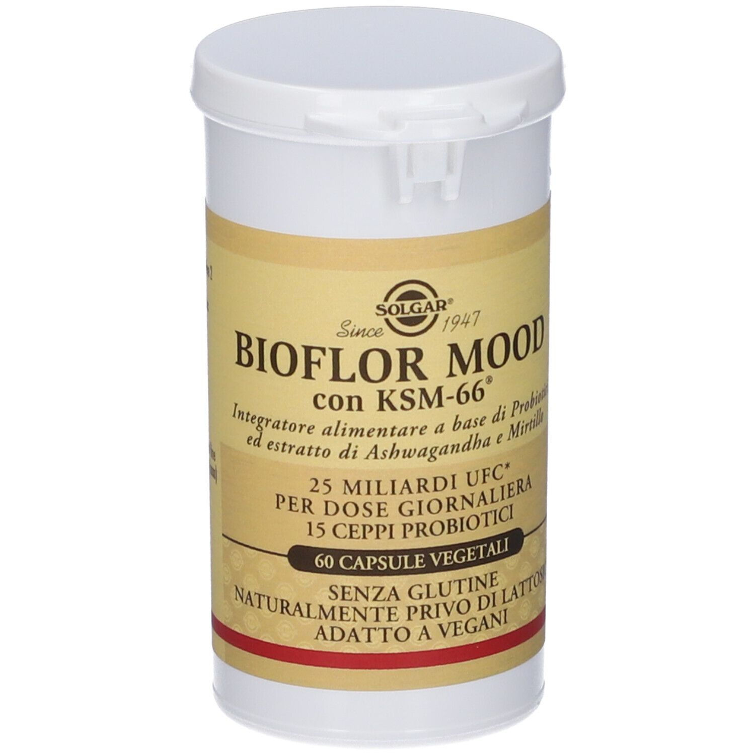 Capsule Solgar Bioflor Mood: Contenitore bianco con etichetta gialla riportante informazioni sul prodotto.