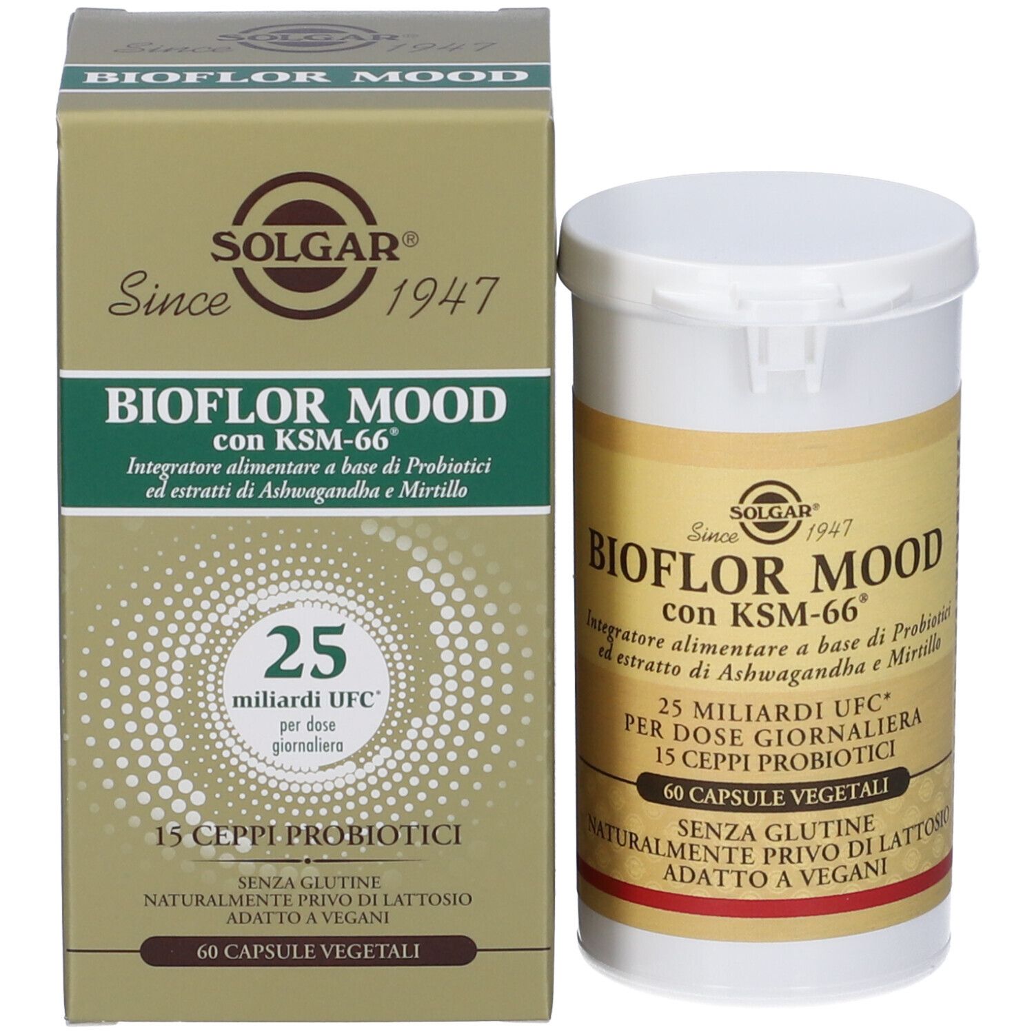 Prodotto Solgar Bioflor Mood: Contenitore e scatola di imballaggio affiancati, entrambi con informazioni sul prodotto.