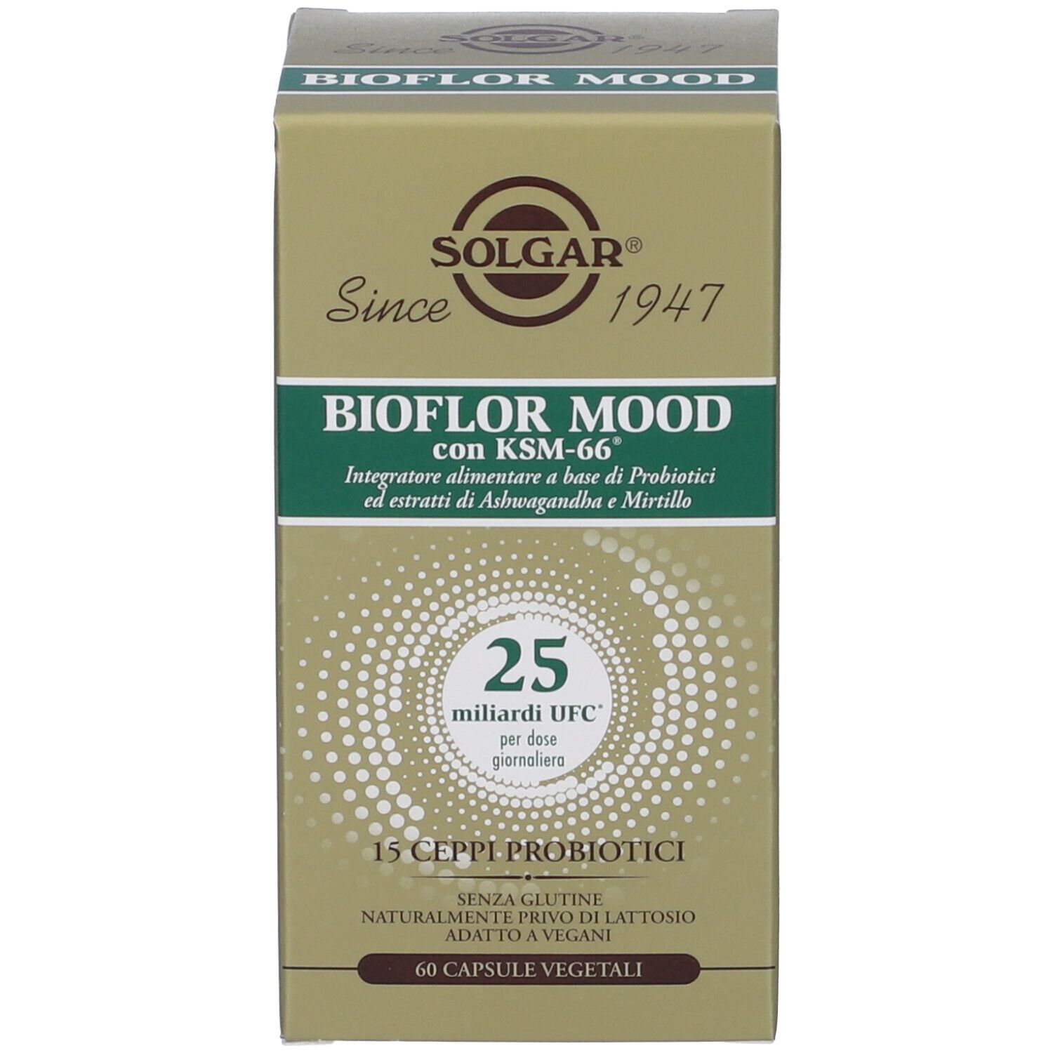 Scatola di imballaggio Solgar Bioflor Mood con informazioni dettagliate sul prodotto e marchio.
