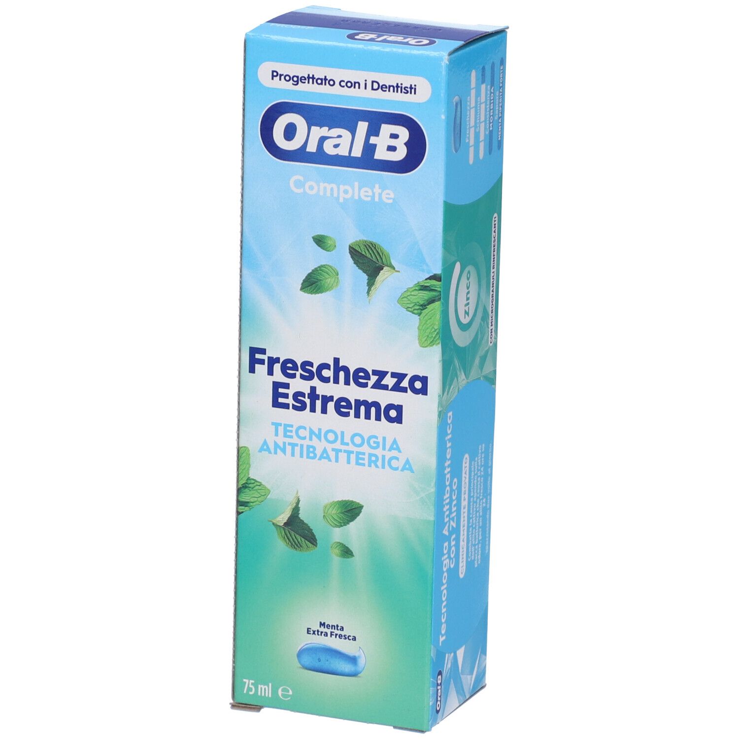 Confezione di dentifricio blu e bianca. Oral-B Complete, Freschezza Estrema. 75 ml.