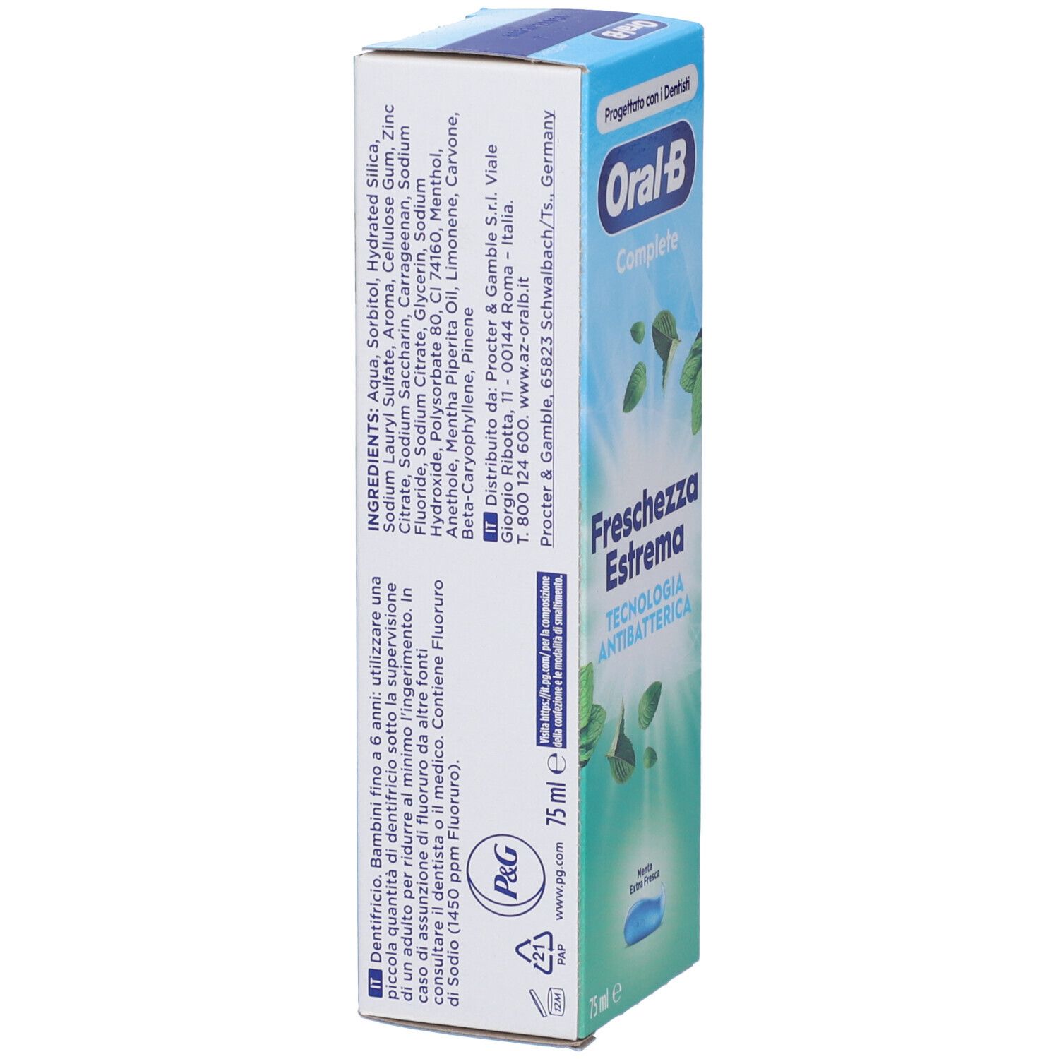 Retro della confezione del dentifricio. Ingredienti, informazioni del produttore e 75 ml.