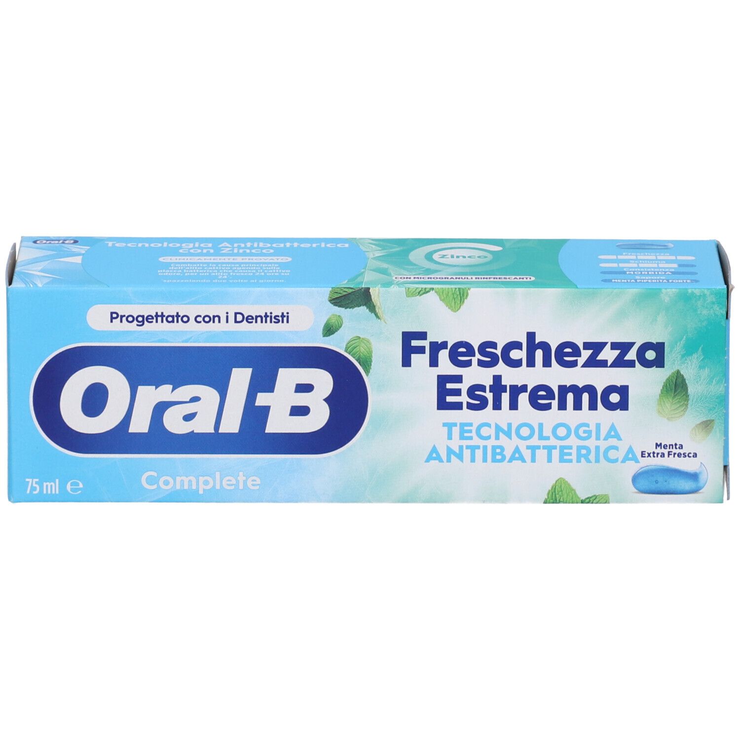 Confezione di dentifricio blu e bianca. Oral-B Complete, Freschezza Estrema. 75 ml.