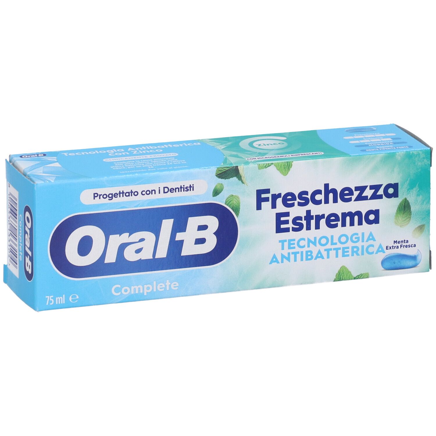 Confezione di dentifricio blu e bianca. Oral-B Complete, Freschezza Estrema. 75 ml.