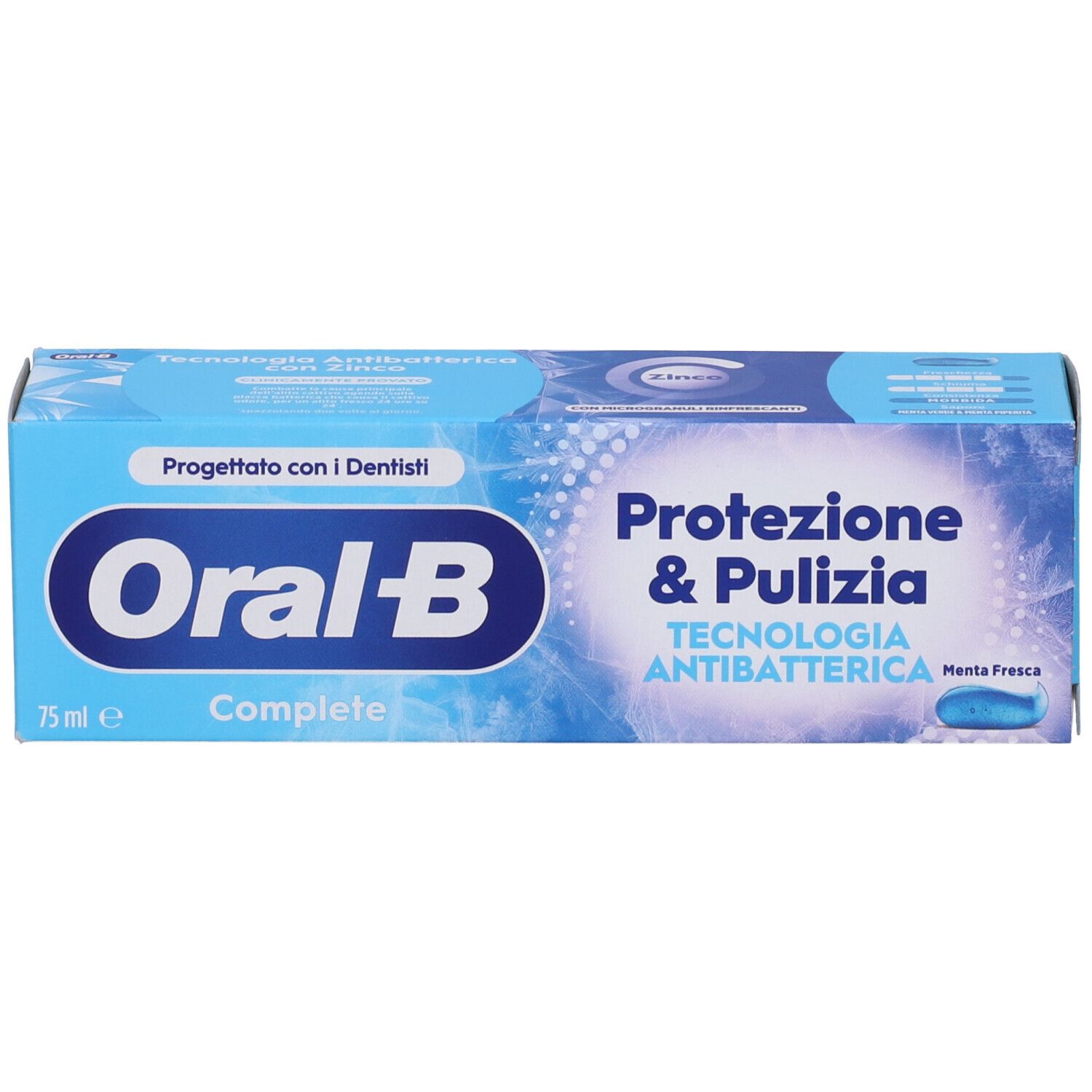 Confezione dentifricio Oral-B Complete, retro con ingredienti.