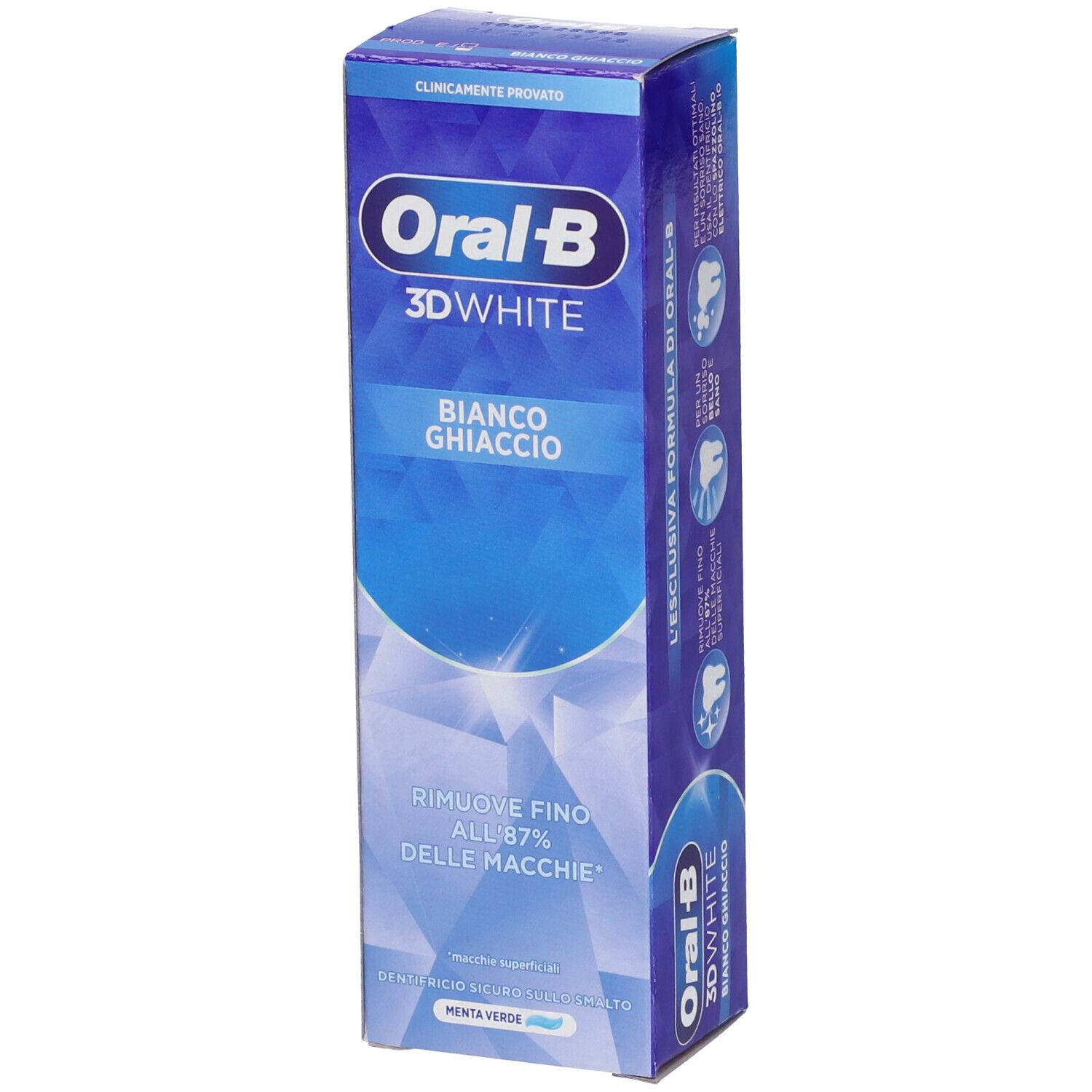 Confezione di dentifricio Oral-B 3D White Bianco Ghiaccio. Scatola blu e bianca. Scritto in italiano.