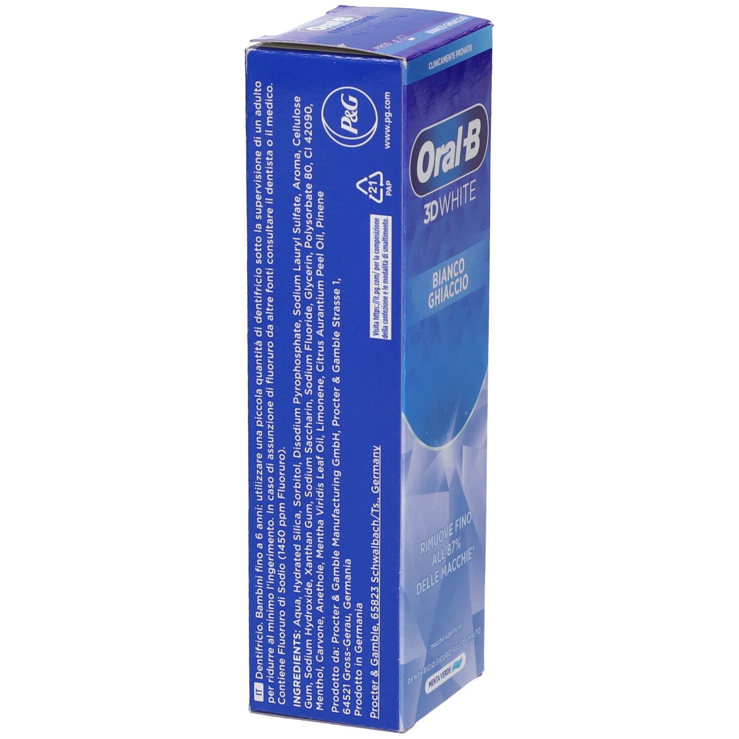 Retro della confezione del dentifricio. Ingredienti e informazioni del produttore. Oral-B 3D White Bianco Ghiaccio.