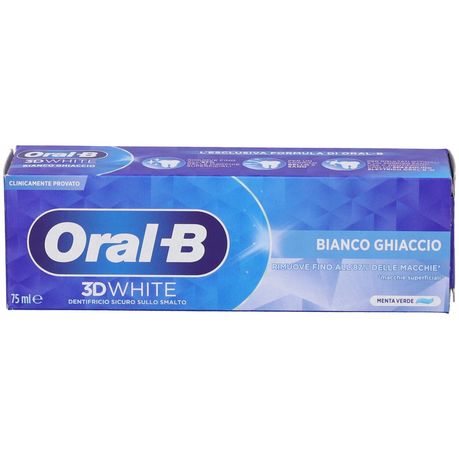 Confezione di dentifricio Oral-B 3D White Bianco Ghiaccio. Scatola blu e bianca. Scritto in italiano.