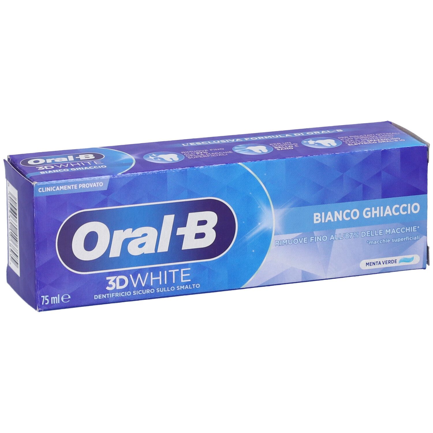 Confezione di dentifricio Oral-B 3D White Bianco Ghiaccio. Scatola blu e bianca. Scritto in italiano.