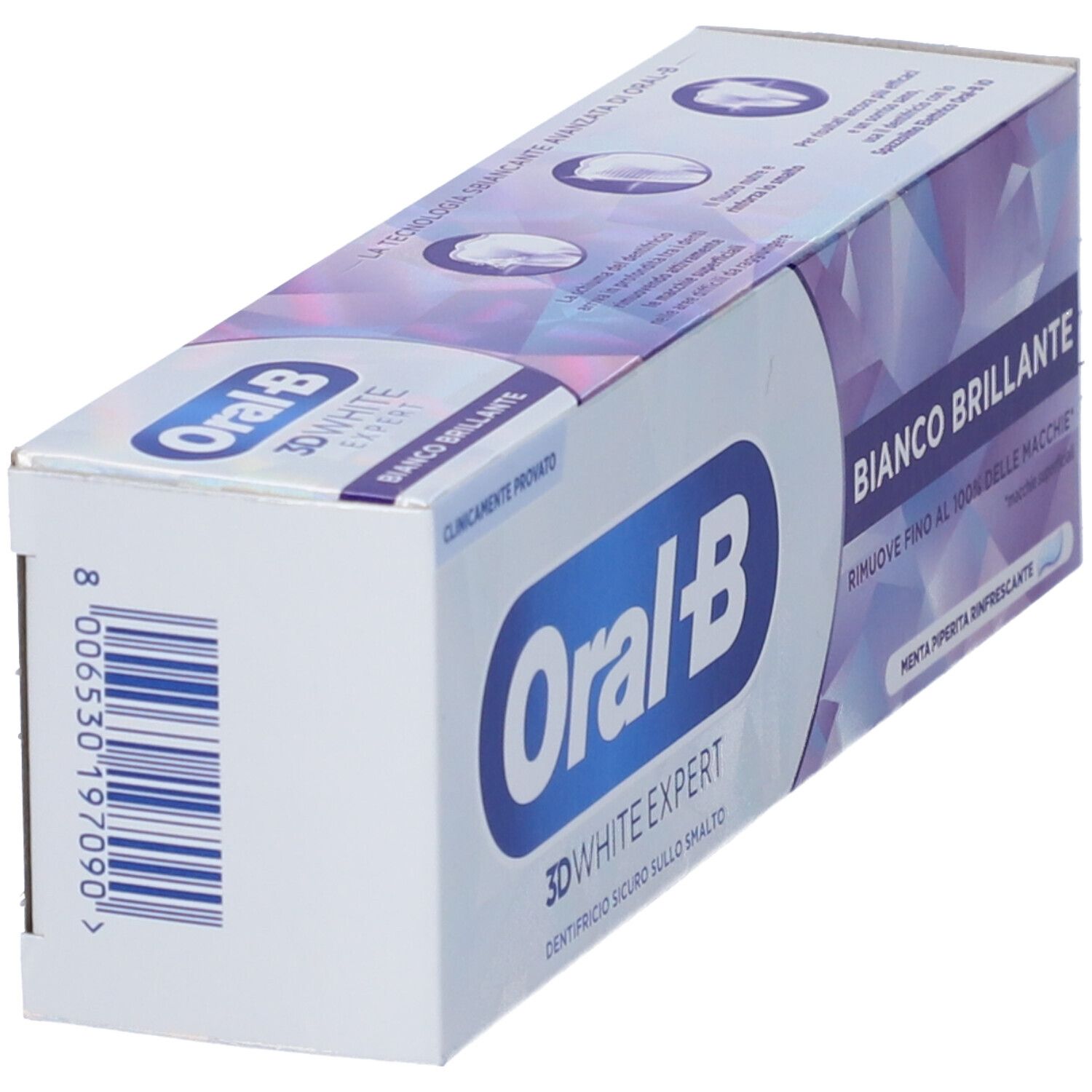 Confezione di dentifricio Oral-B 3D White Expert Bianco Brillante. Vista laterale della scatola con nome e testo del prodotto.