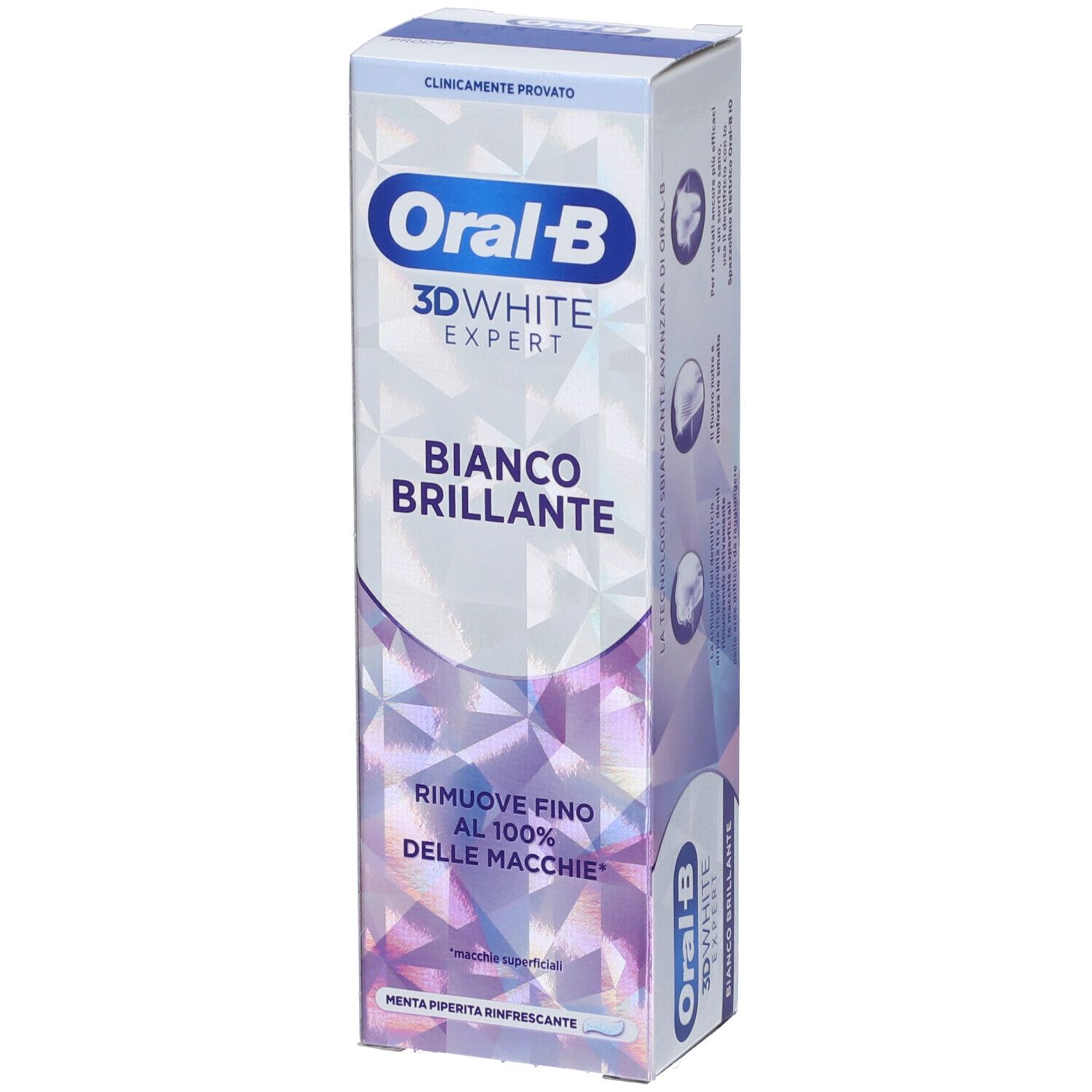 Confezione di dentifricio Oral-B 3D White Expert Bianco Brillante. Scatola in piedi con nome e testo del prodotto.
