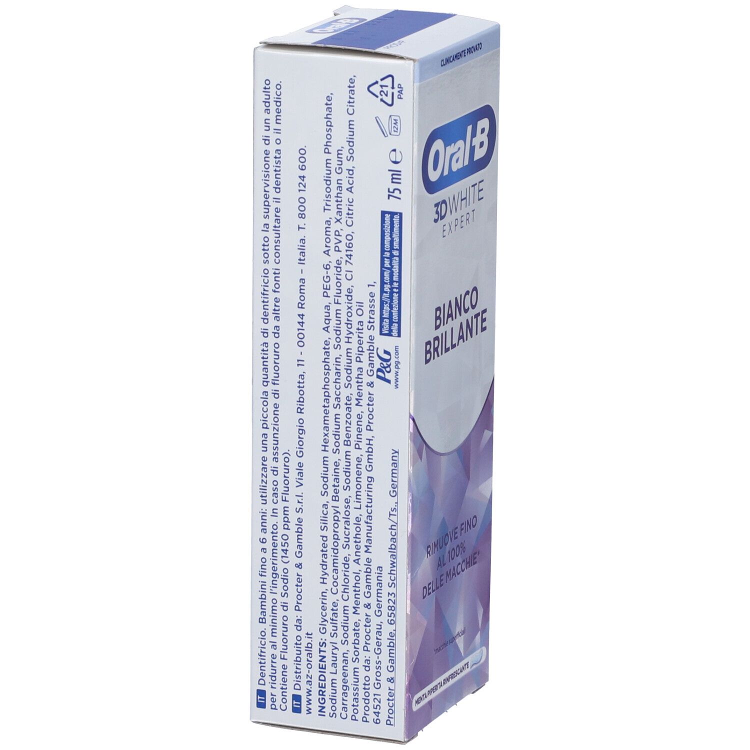 Retro della confezione di dentifricio Oral-B 3D White Expert Bianco Brillante. Testo e ingredienti.