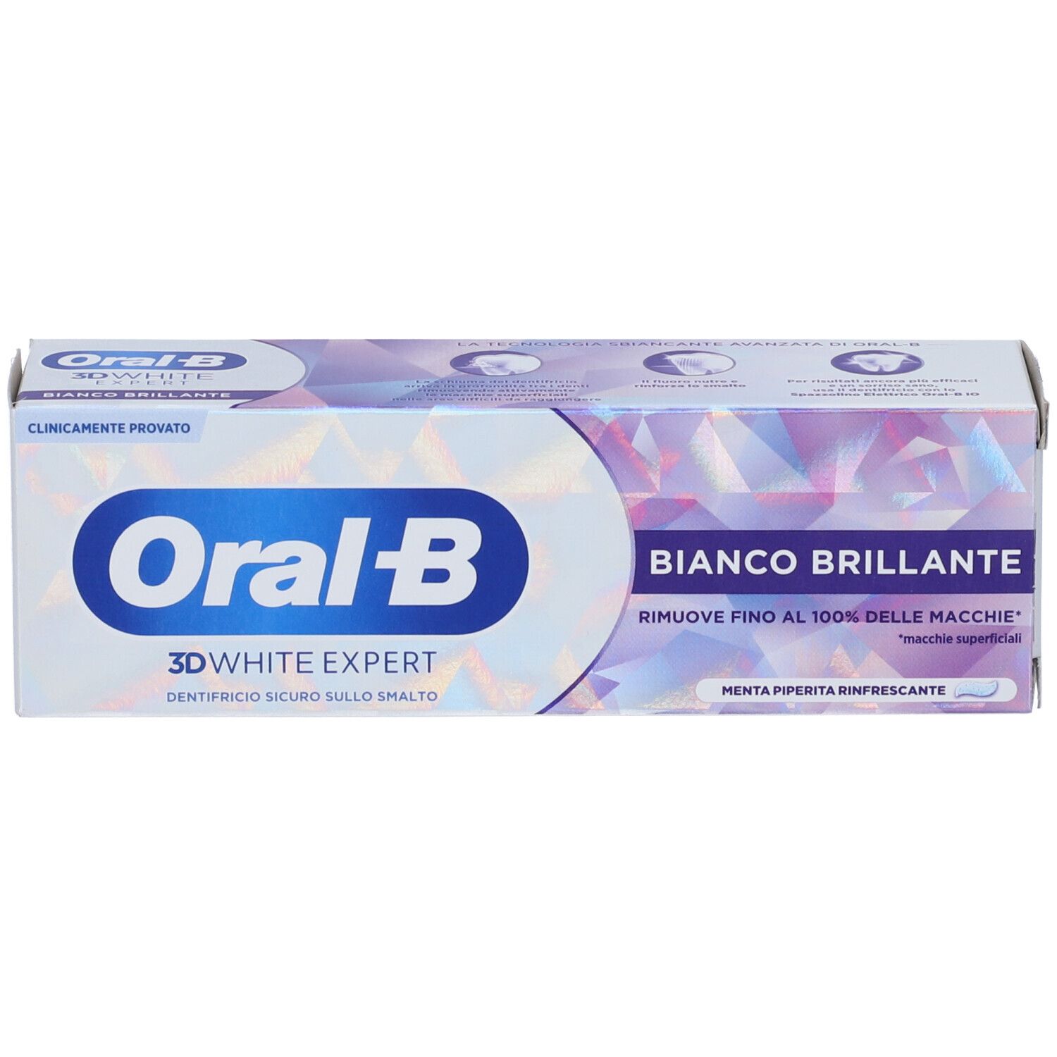 Confezione di dentifricio Oral-B 3D White Expert Bianco Brillante. Vista dall'alto della scatola con nome e testo del prodotto.