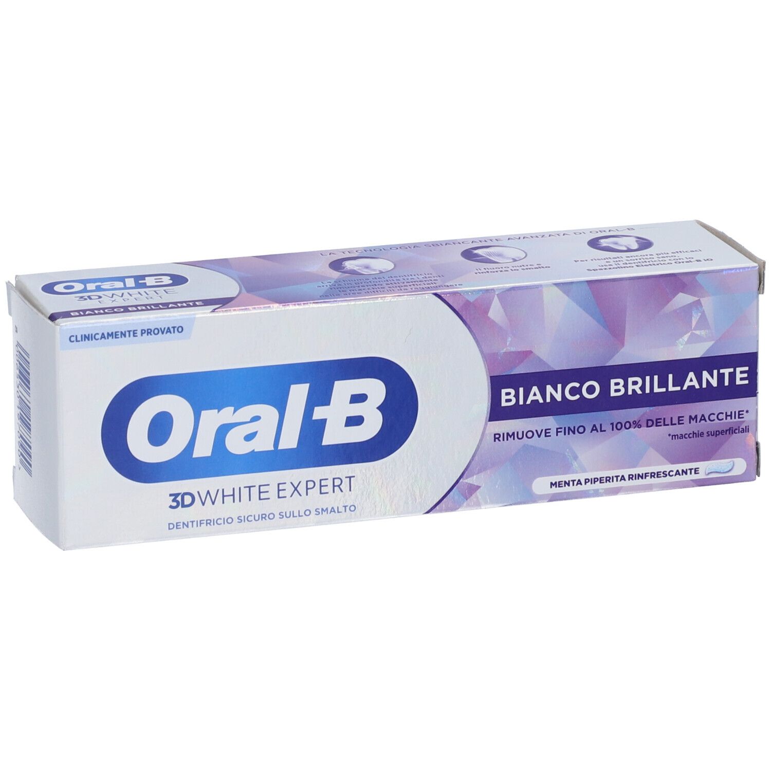 Confezione di dentifricio Oral-B 3D White Expert Bianco Brillante. Vista dall'alto della scatola con nome e testo del prodotto.