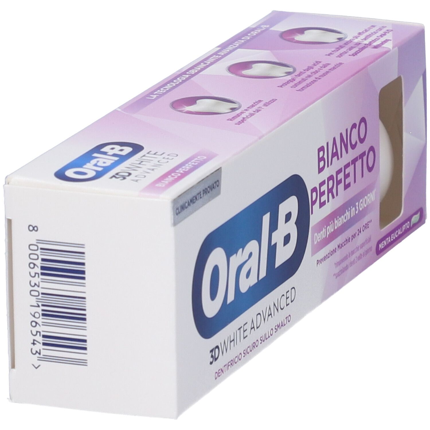 Confezione dentifricio Oral-B 3D White Advanced Bianco Perfetto. Logo e nome del prodotto. Testo visibile. Menta eucalipto.