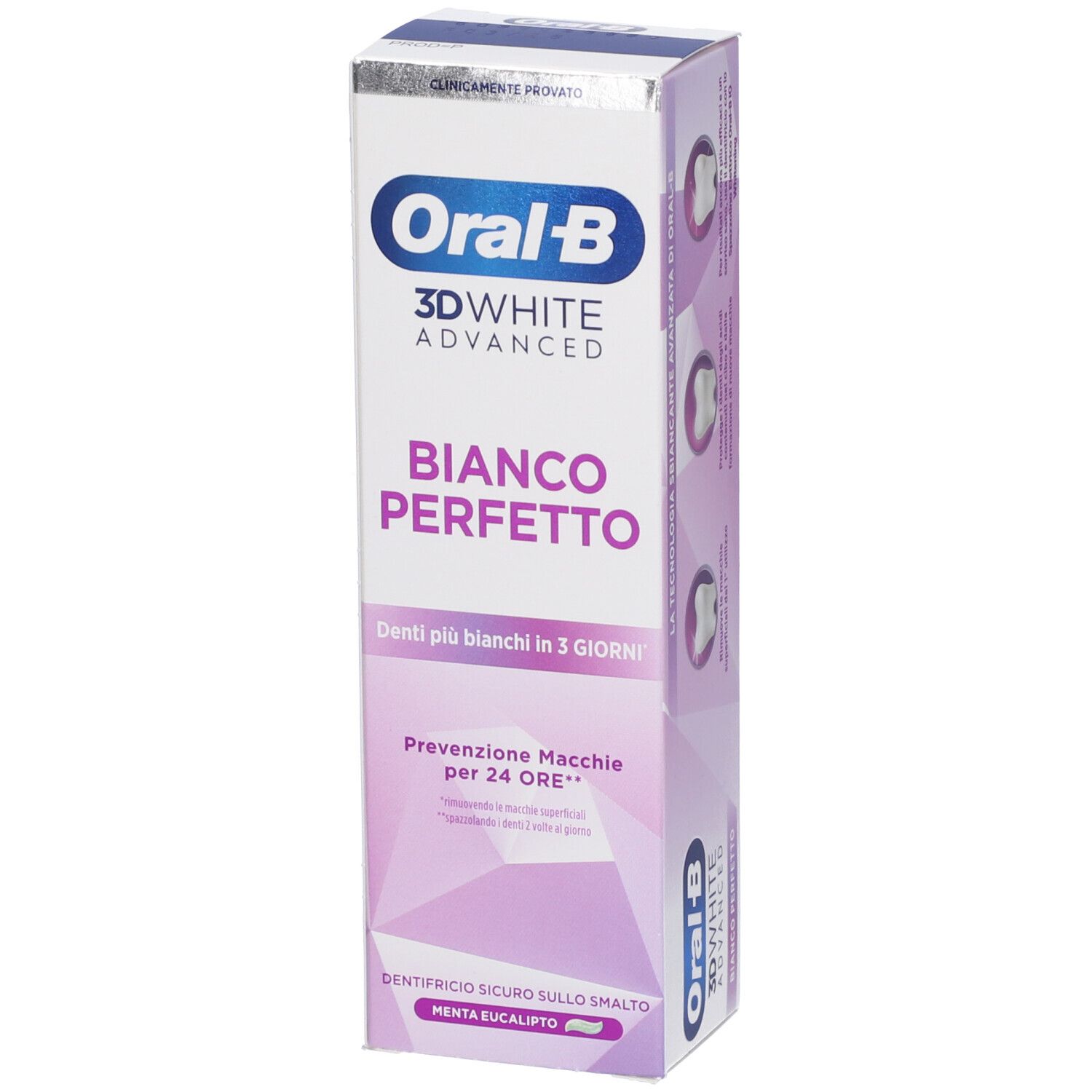 Confezione dentifricio Oral-B 3D White Advanced Bianco Perfetto. Logo e nome del prodotto. Testo visibile. Menta eucalipto.