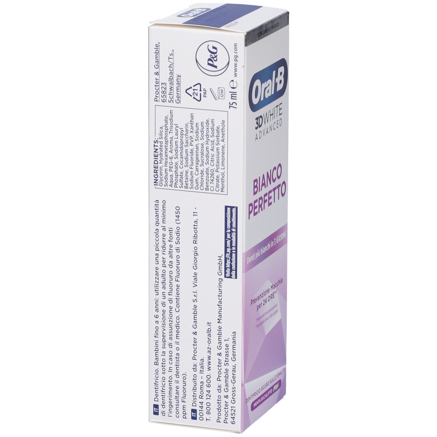 Confezione dentifricio Oral-B 3D White Advanced Bianco Perfetto. Logo e nome del prodotto. Testo visibile. Menta eucalipto.