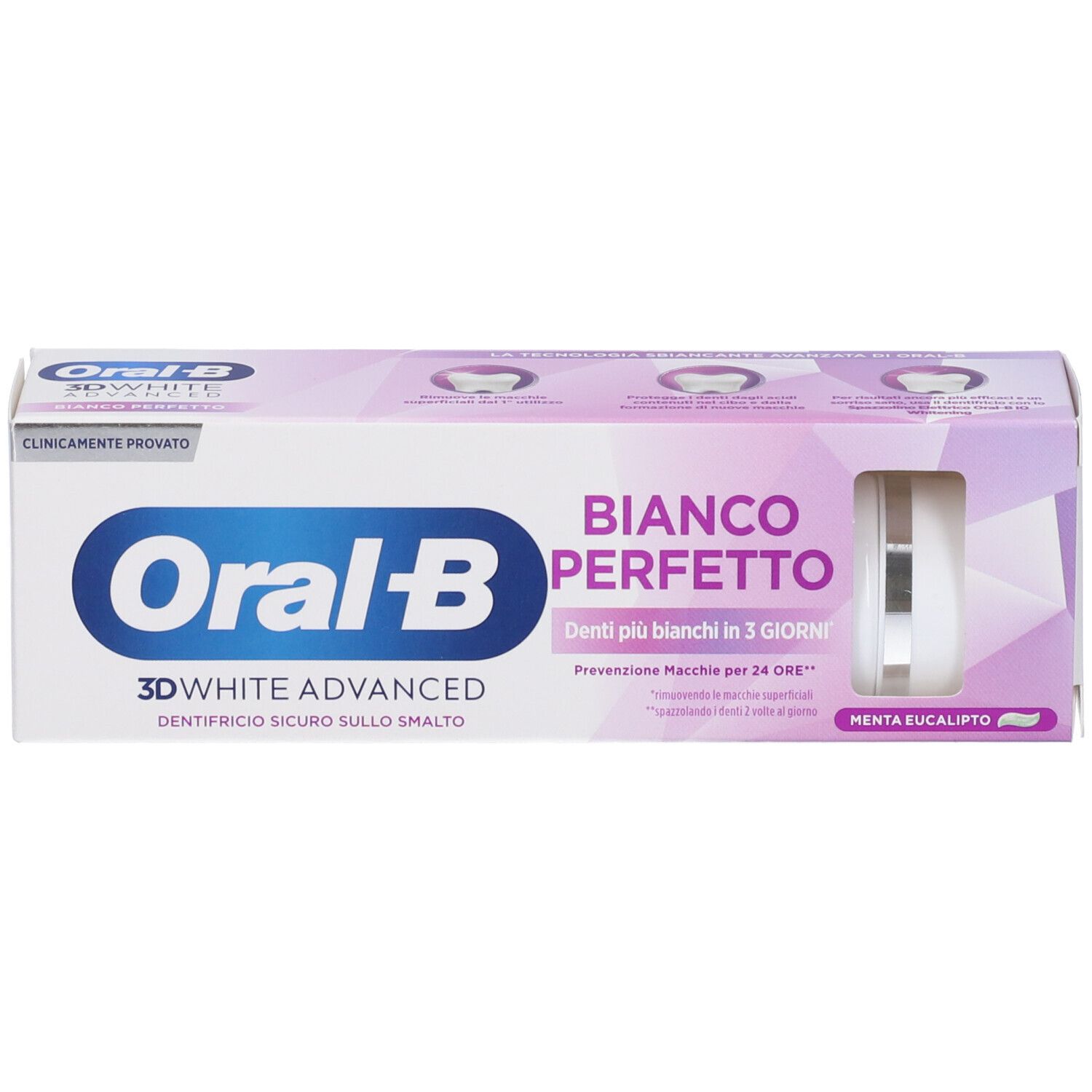 Confezione dentifricio Oral-B 3D White Advanced Bianco Perfetto. Tubo visibile. Logo e nome del prodotto. Menta eucalipto.
